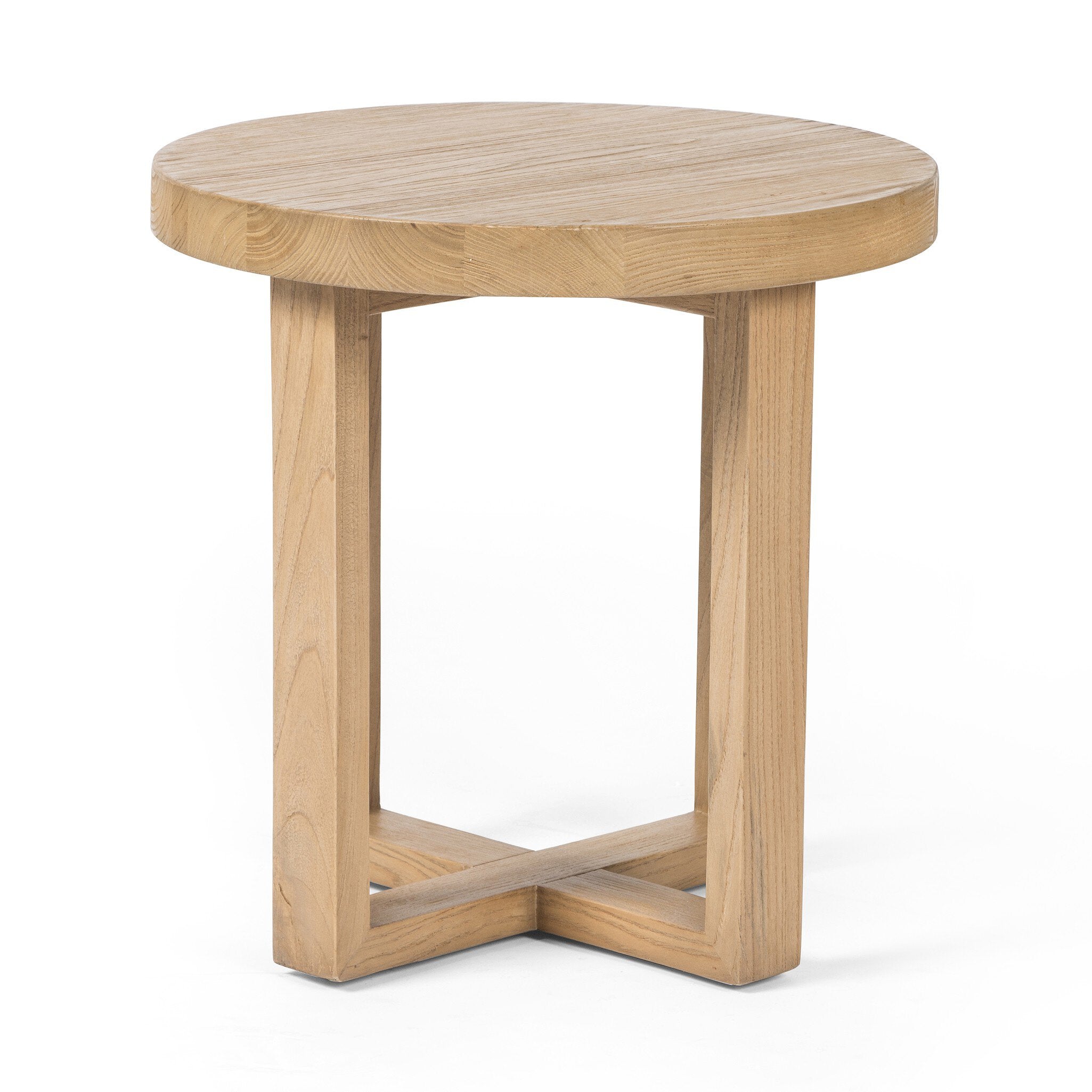 Solid natural nettlewood end table with an open cross-style base and thick, rounded table top on a white background.  | Wildwood Home Co.