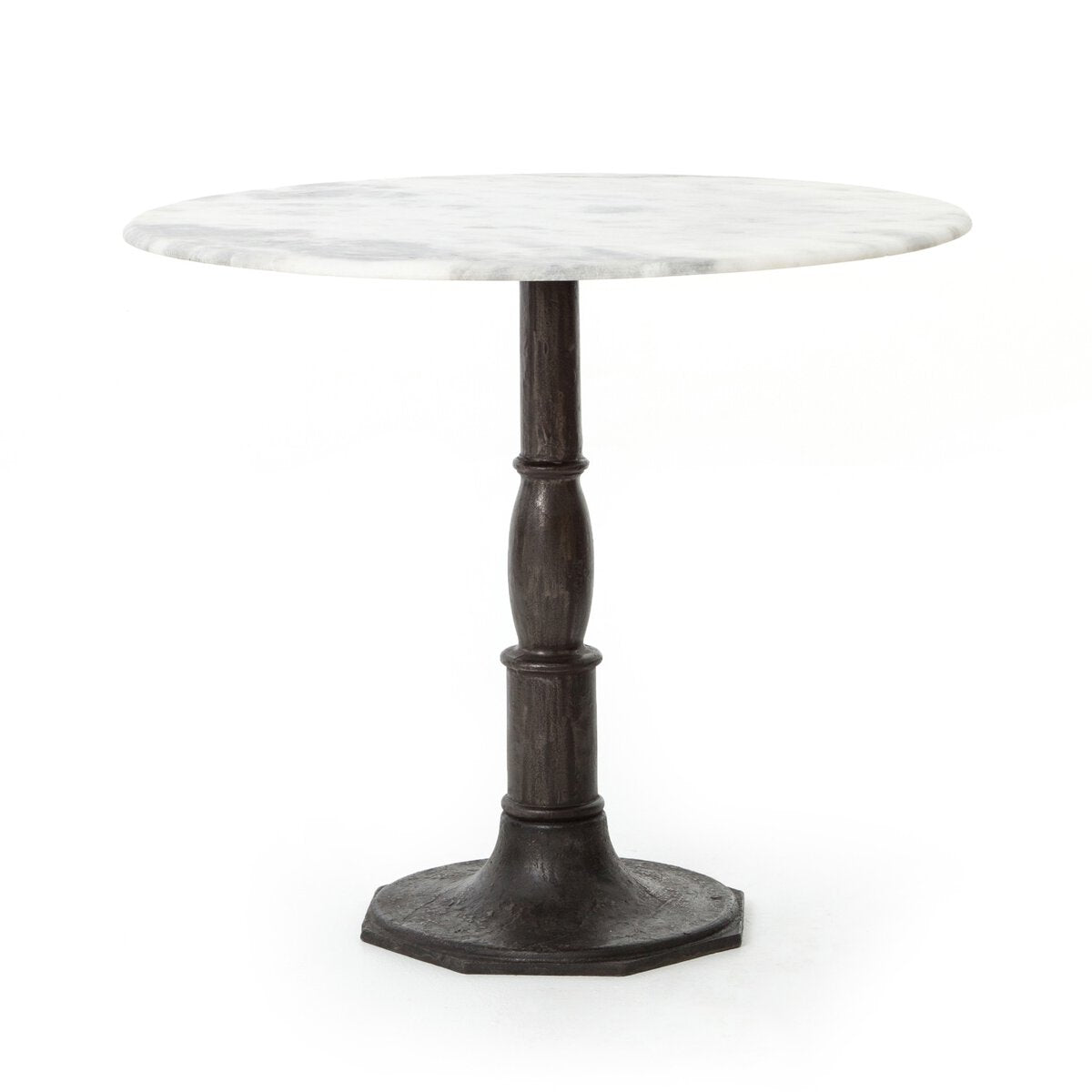 Round bistro table with marble top and dark iron base on a white background. | Wildwood Home Co. 