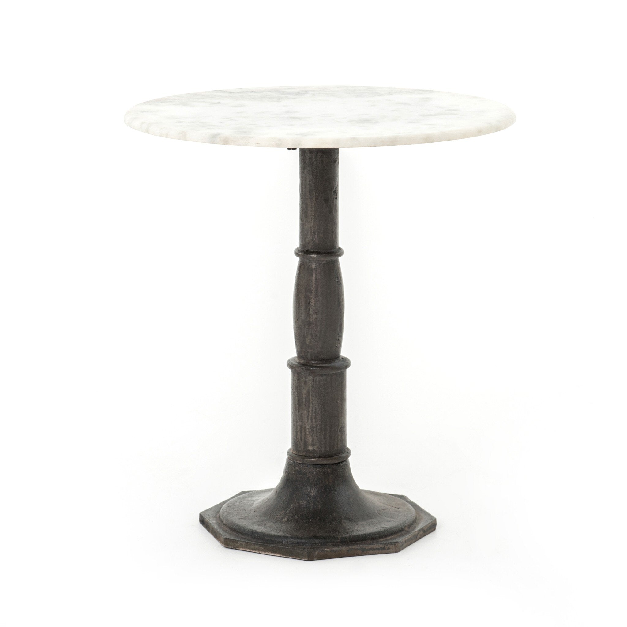 Small round side table with marble top and distressed iron base on a white background. | Wildwood Home Co.