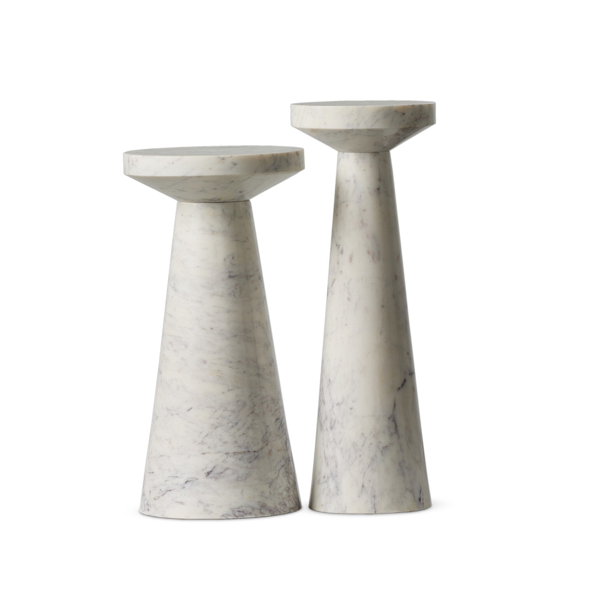 Two white marble nesting end tables with staggered heights on a white background. | Wildwood Home Co.