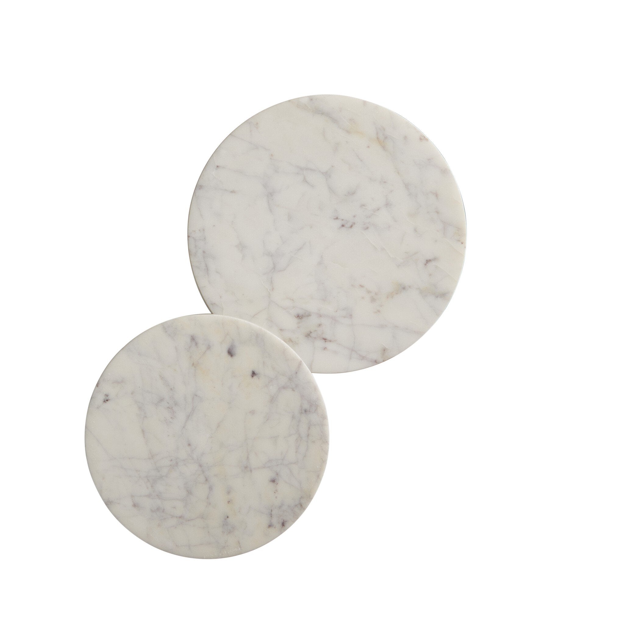 Overhead view of two white marble nesting end tables on a white background.