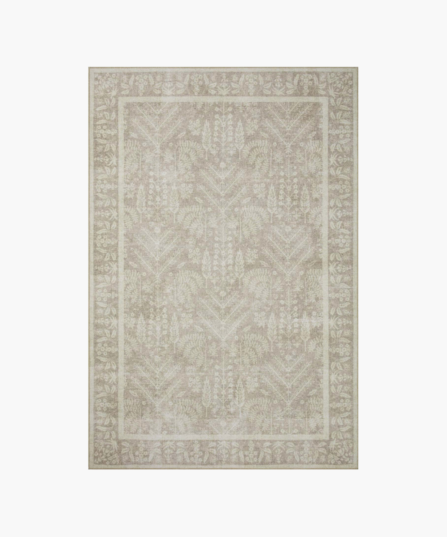 A beige area rug with an intricate floral and leaf pattern bordered by a thicker floral edge. The design is symmetrical and elegant, adding a soft, classic touch.