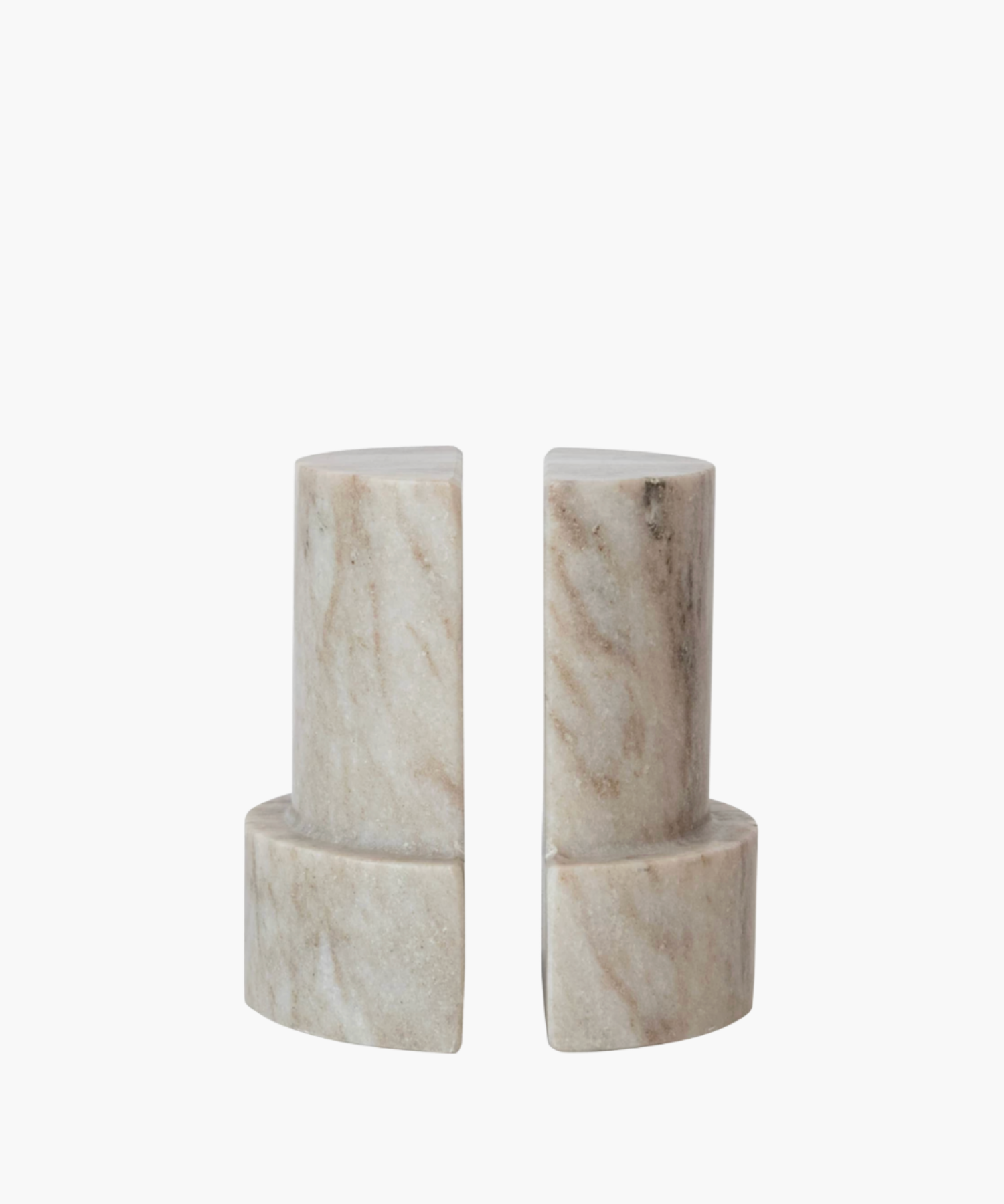 Two beige marble bookends with a semicircular design, placed side by side. Smooth texture with natural stone patterns, conveying elegance and simplicity.