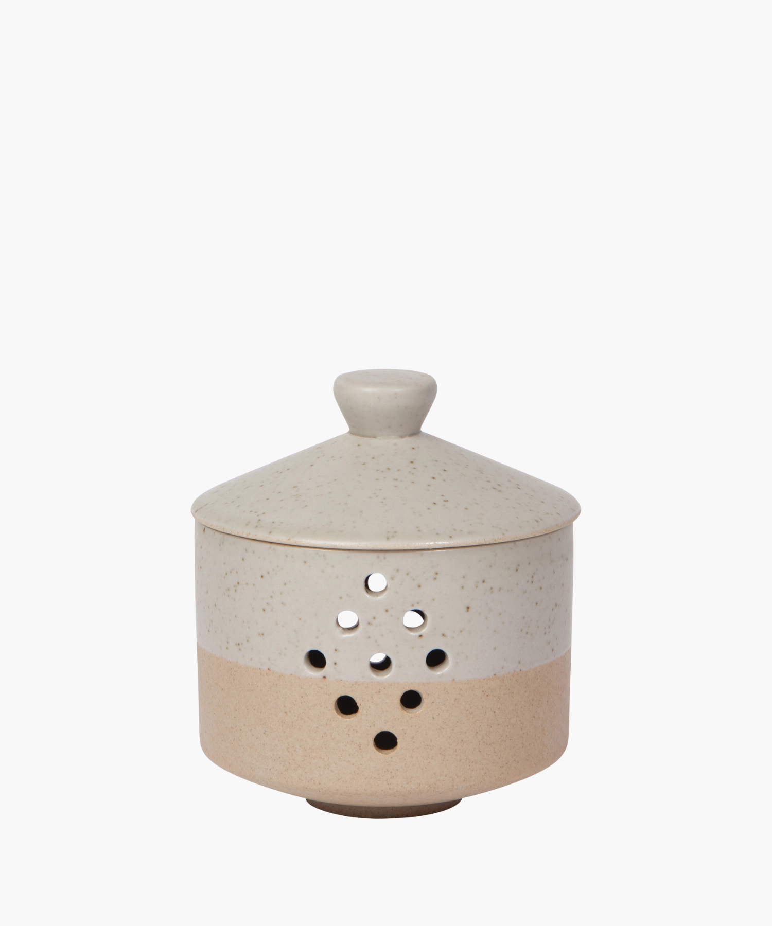 Ceramic garlic keeper with speckled beige finish, featuring a round lid and holes for ventilation. Rustic and functional kitchen storage. | Wildwood Home Co.
