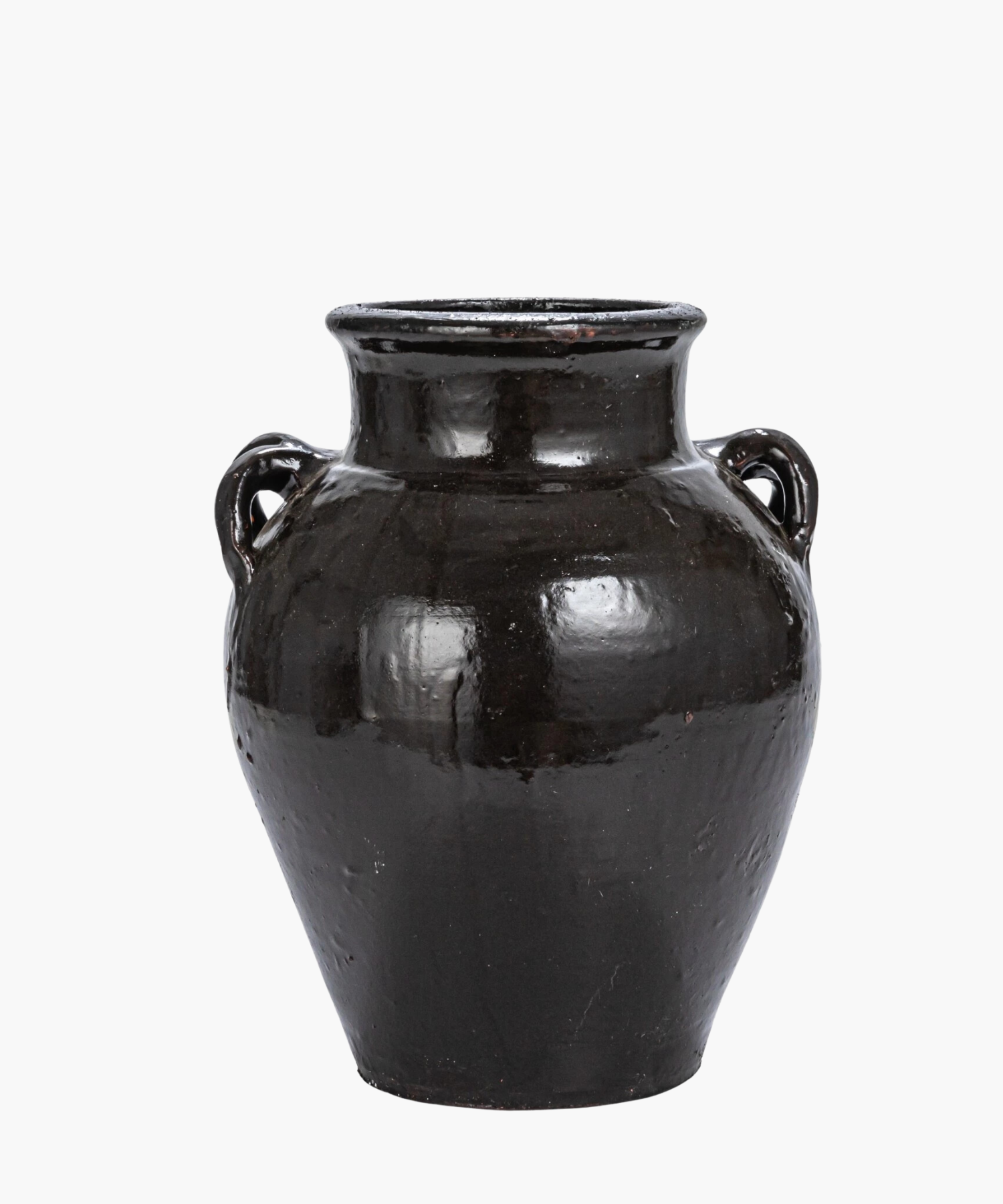 A large, glossy, black ceramic vase with two small side handles. The vase has a rounded body and a narrow neck, evoking an antique feel. | Wildwood Home Co.