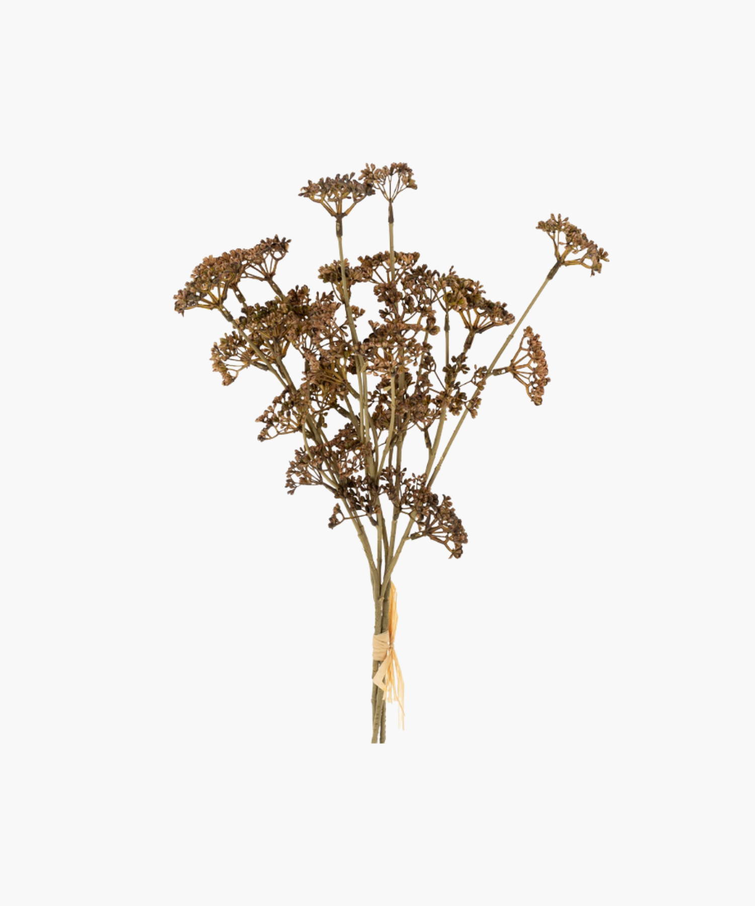 A bundle of artificial, brown flowers with multiple small blossoms on long stems, tied with raffia. The bouquet has an earthy, rustic charm against a white background.