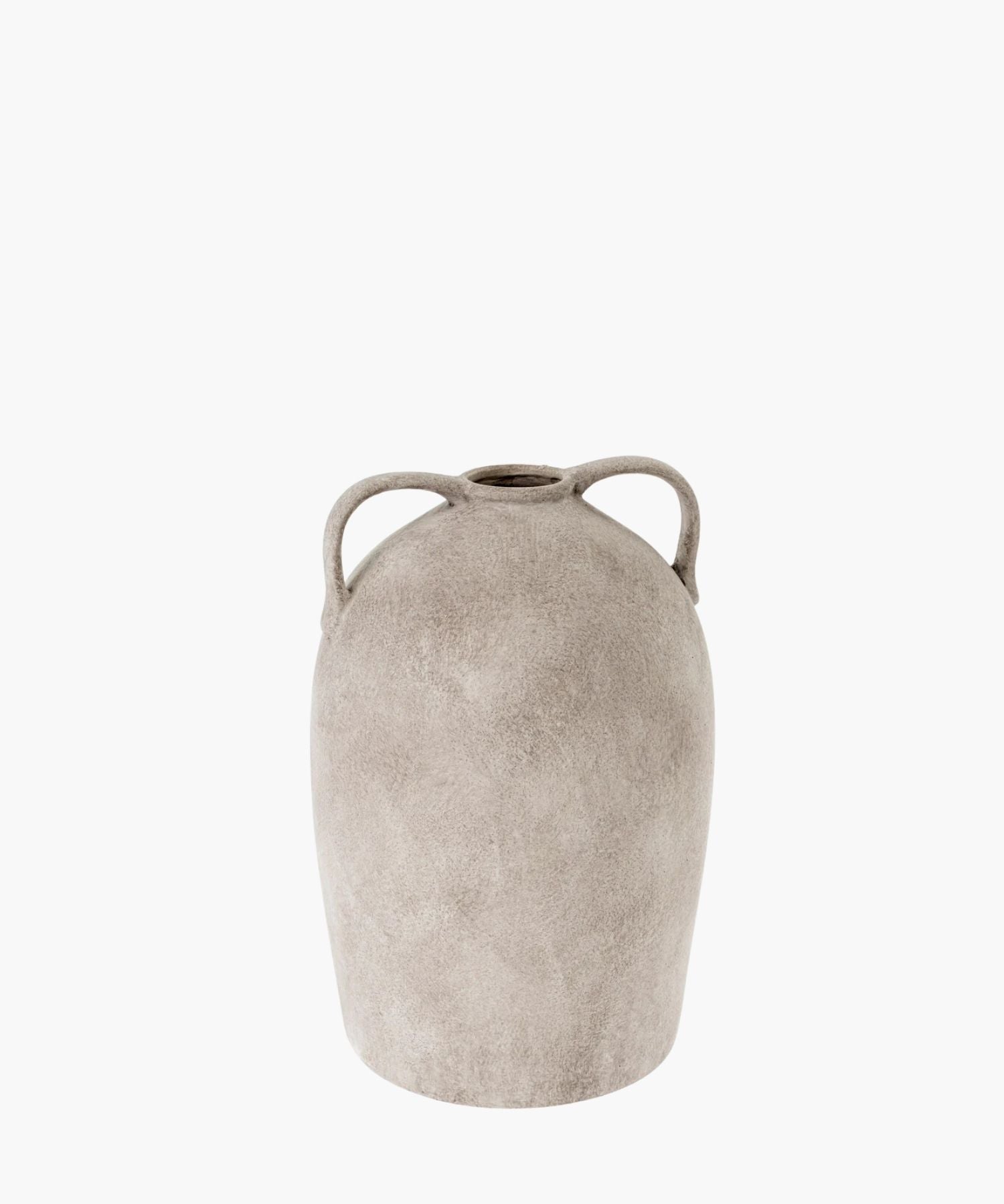 A textured, stoneware ceramic urn with an aged finish and two small handles on each side. The vase has a rustic, minimalist design. | Wildwood Home Co.