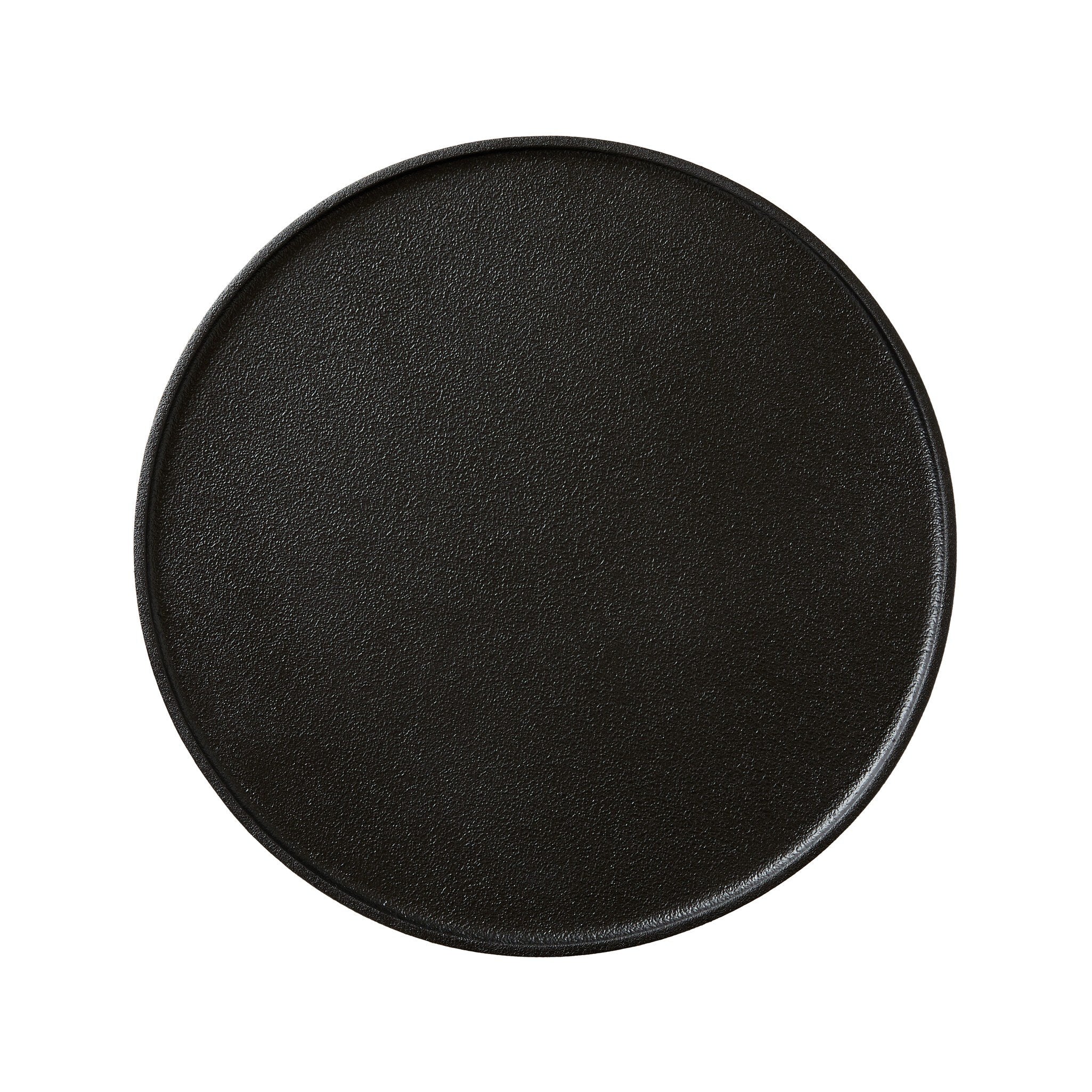 Overhead picture of a simple textured black iron end table.