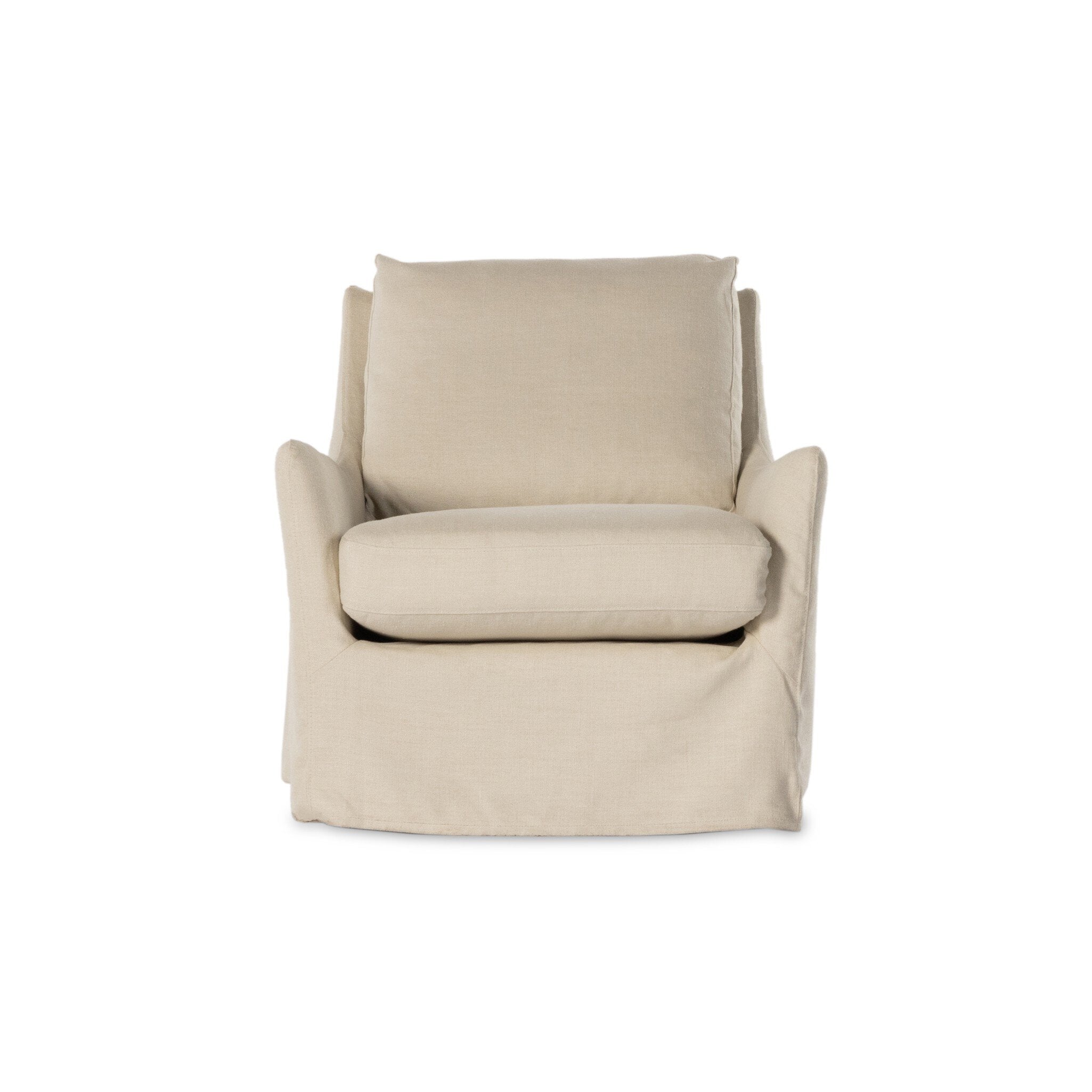 Traditional swivel chair with an ivory slipcover on a white background. | Wildwood Home Co.