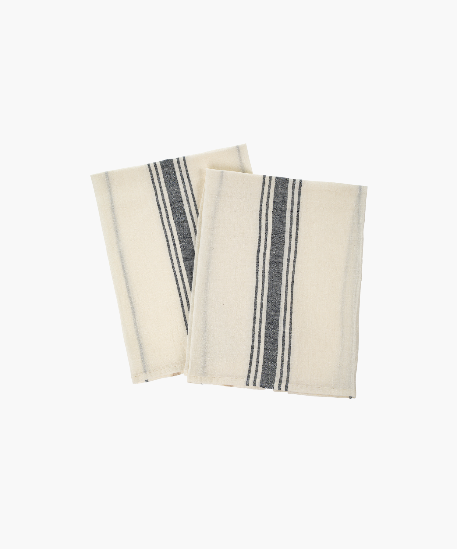 Two handwoven pure linen kitchen towels with gray vertical stripes, neatly stacked. The texture is soft and the pattern gives a classic French style feel. | Wildwood Home Co.