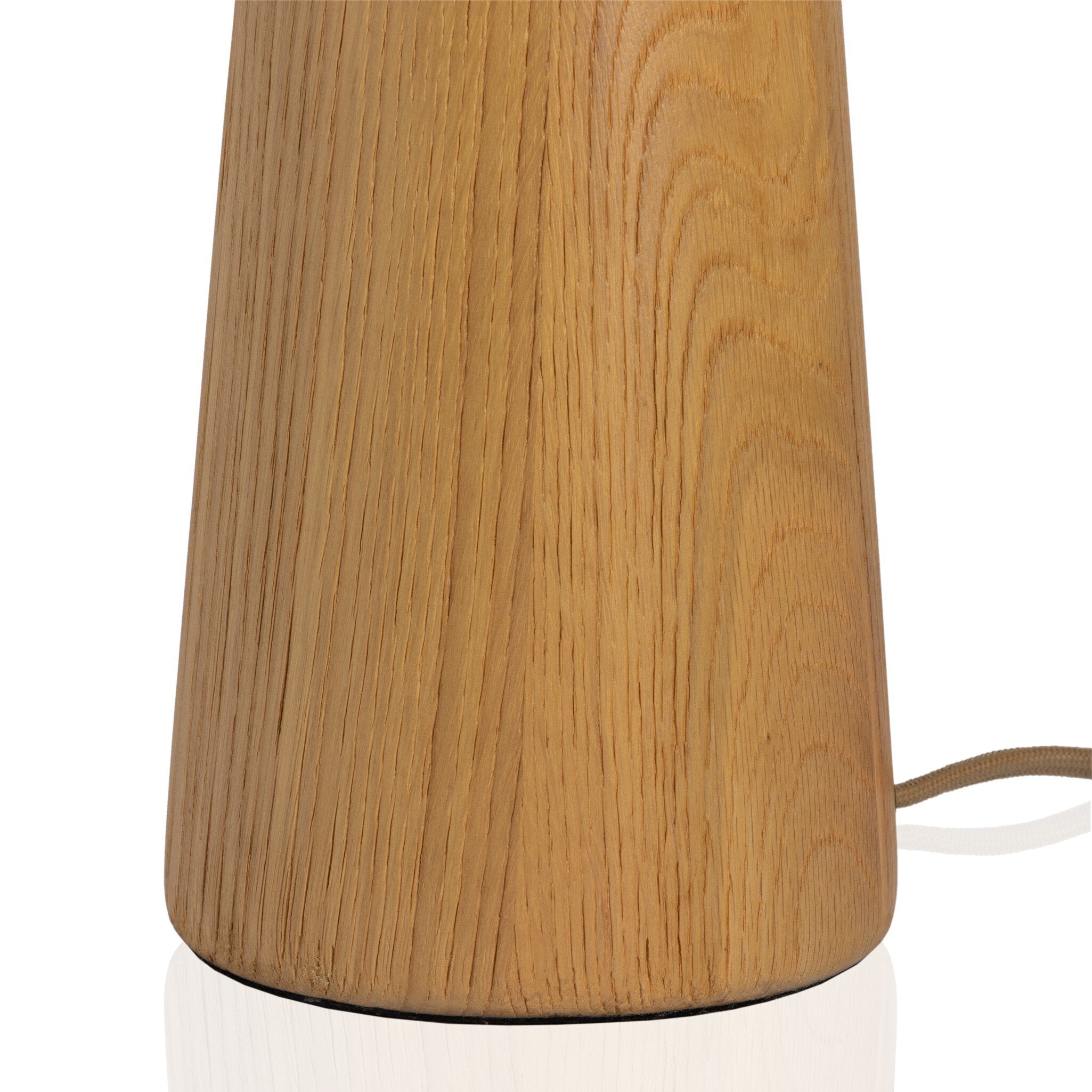 Table lamp with pleated white shade and wooden base on a white background.