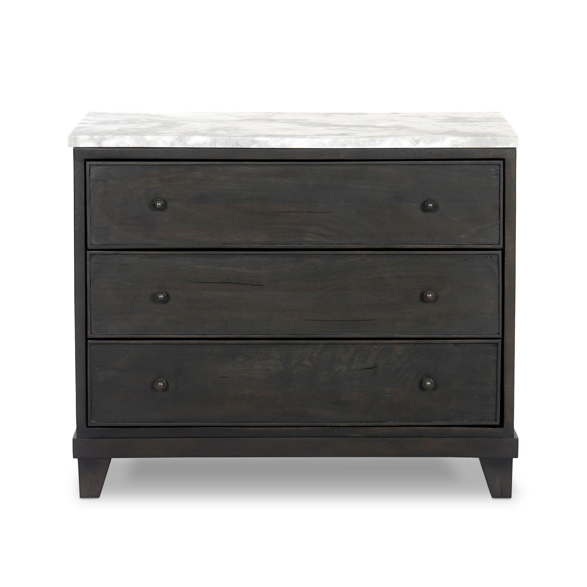 Dark wood stained nightstand with three drawers and a marble top. | Wildwood Home Co.