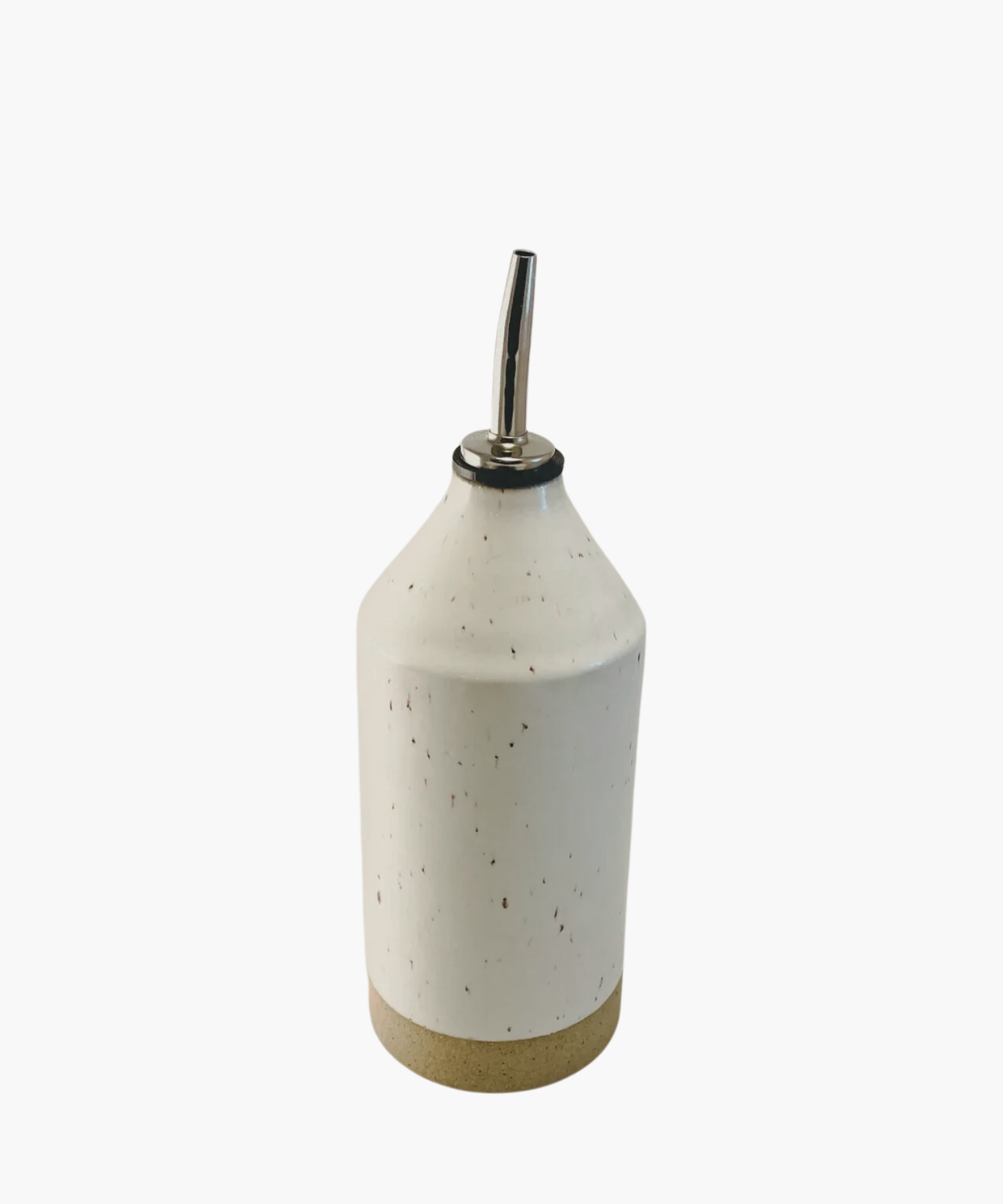 A ceramic olive oil dispenser with a speckled white body and a tan base. It features a metal spout and minimalist design. | Wildwood Home Co.
