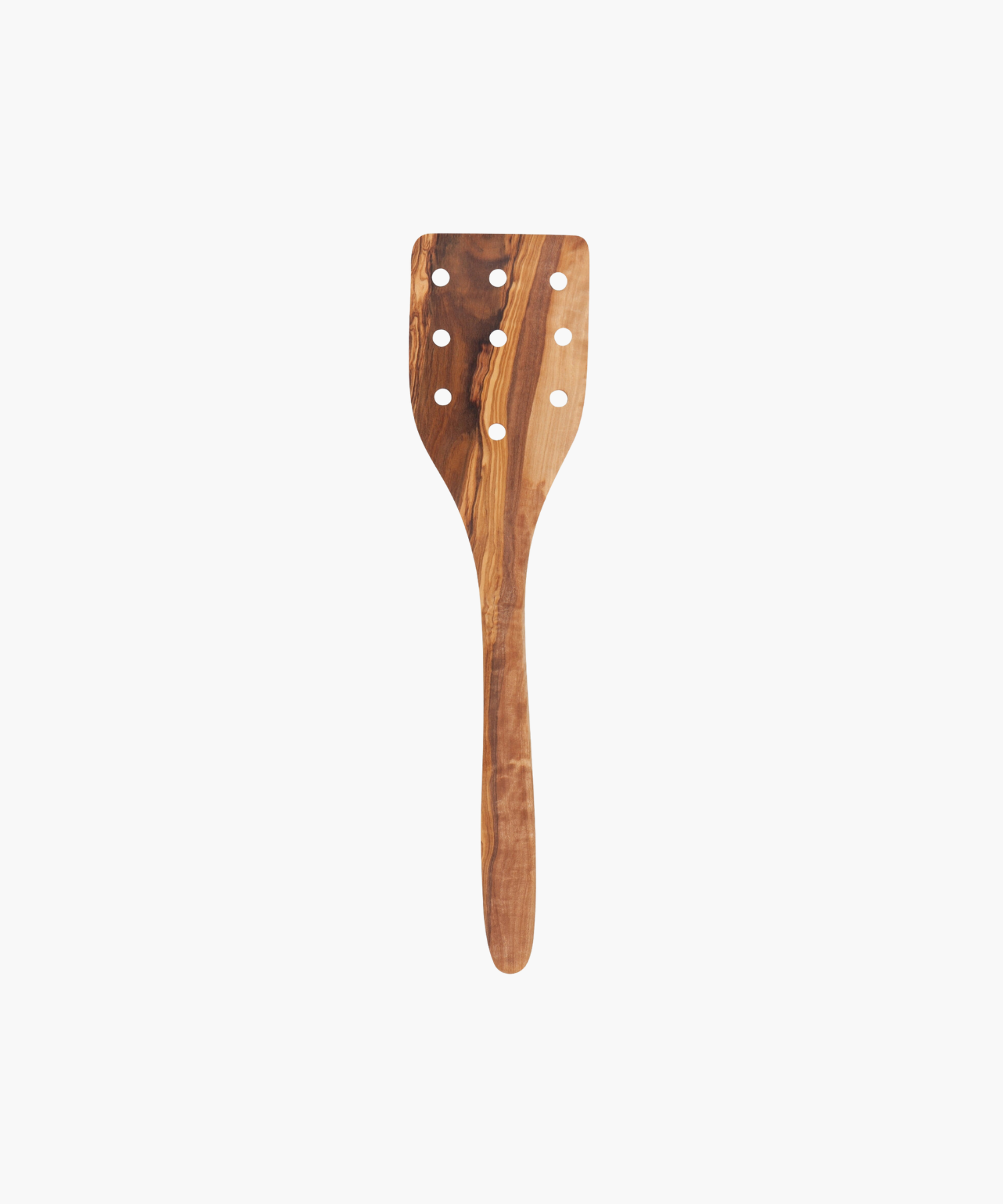 Wooden spatula with a smooth finish and eight round holes in the head, featuring an elegant, swirling grain pattern. Simple and functional design. | Wildwood Home Co.