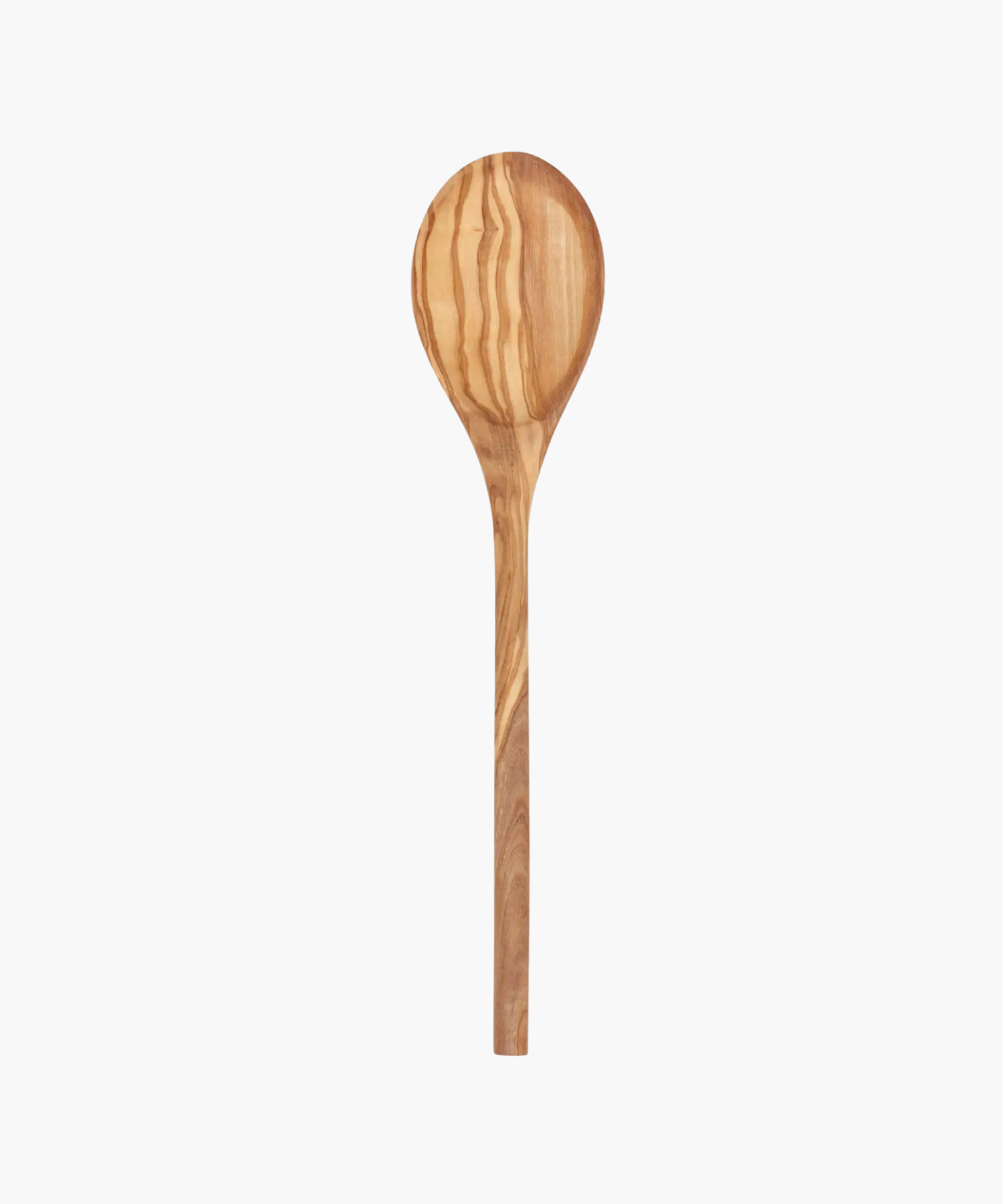 A wooden spoon with a smooth, elongated handle and a round head, featuring natural light and dark brown grain patterns, set against a white background. | Wildwood Home Co.