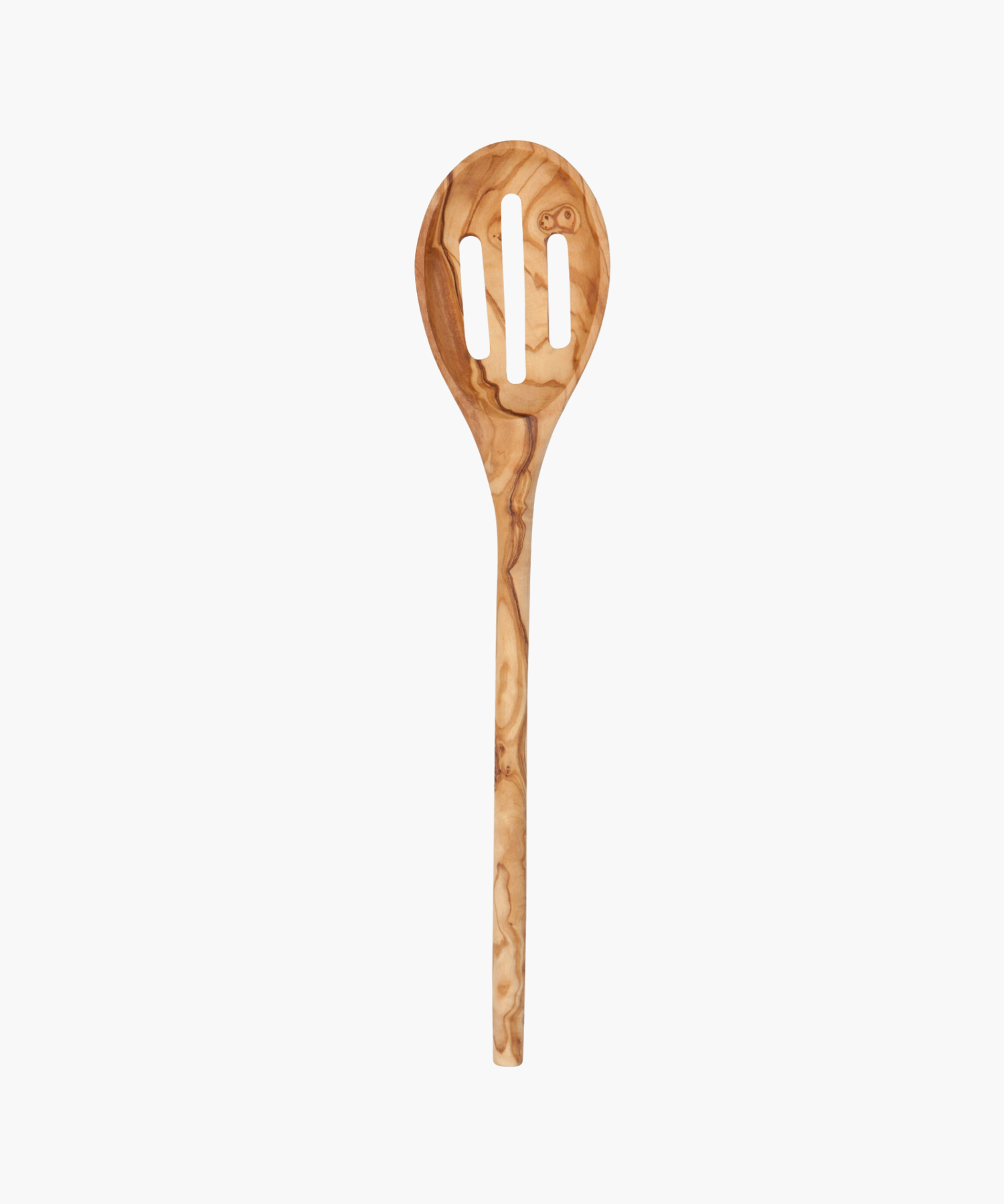 Wooden slotted spoon made from light brown olive wood with swirling grain patterns, creating a rustic and natural aesthetic. The spoon has two slots. | Wildwood Home Co.