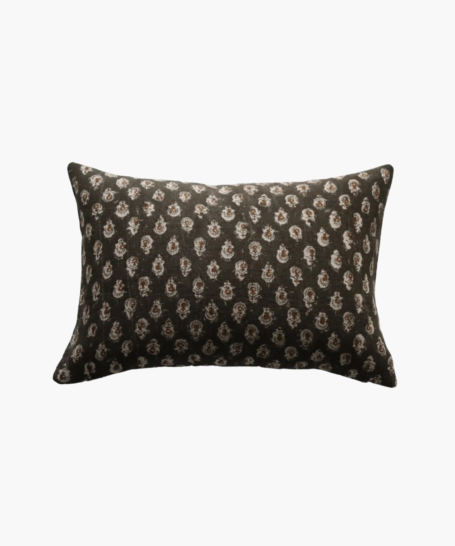 A rectangular pillow with a dark brown background features a pattern of small, intricate white floral designs, conveying a cozy and elegant feel. | Wildwood Home Co.