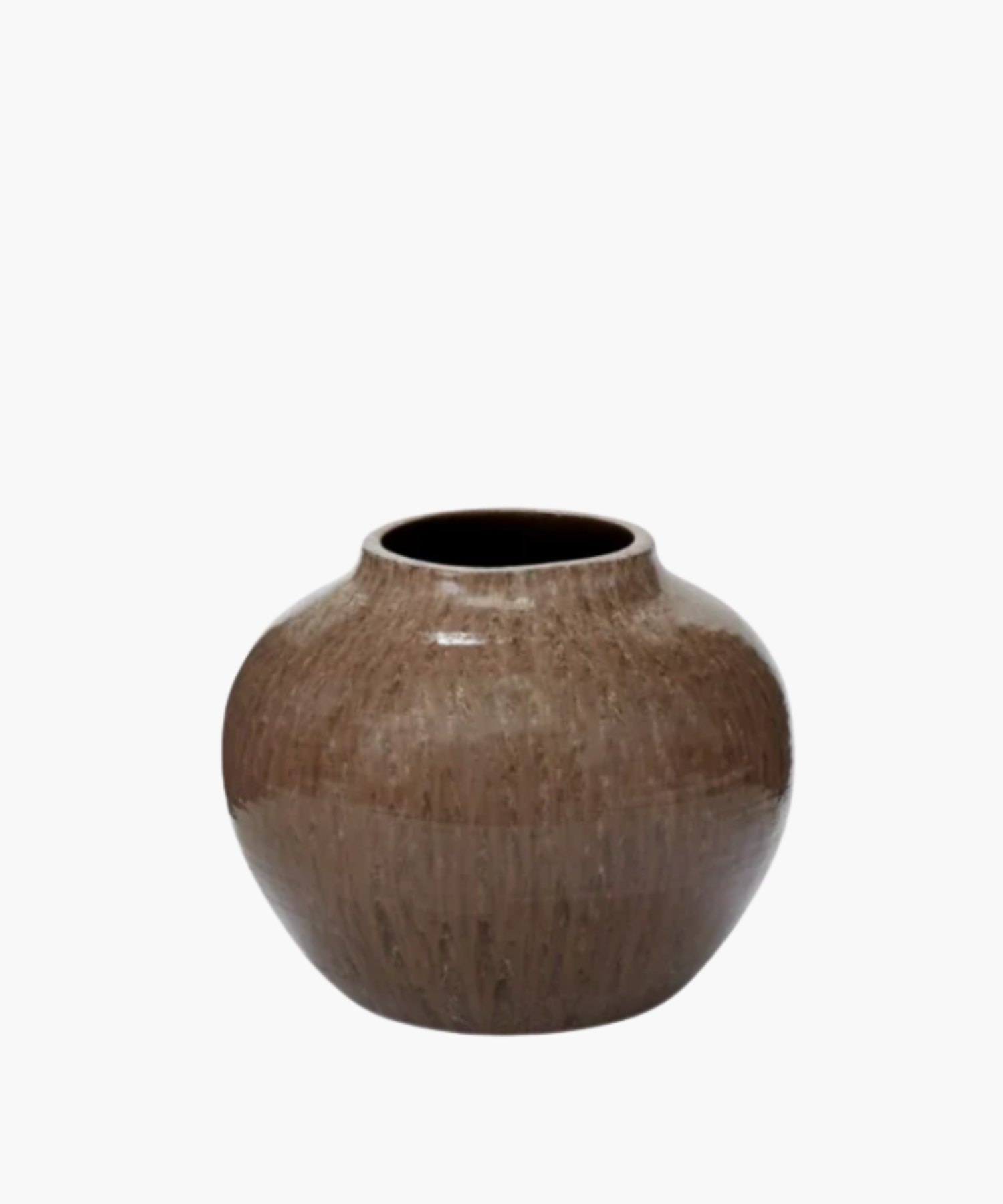 Brown ceramic vase with a glossy finish and a round, wide body. Vertical ridges create texture, adding a rustic and elegant appearance. | Wildwood Home Co.