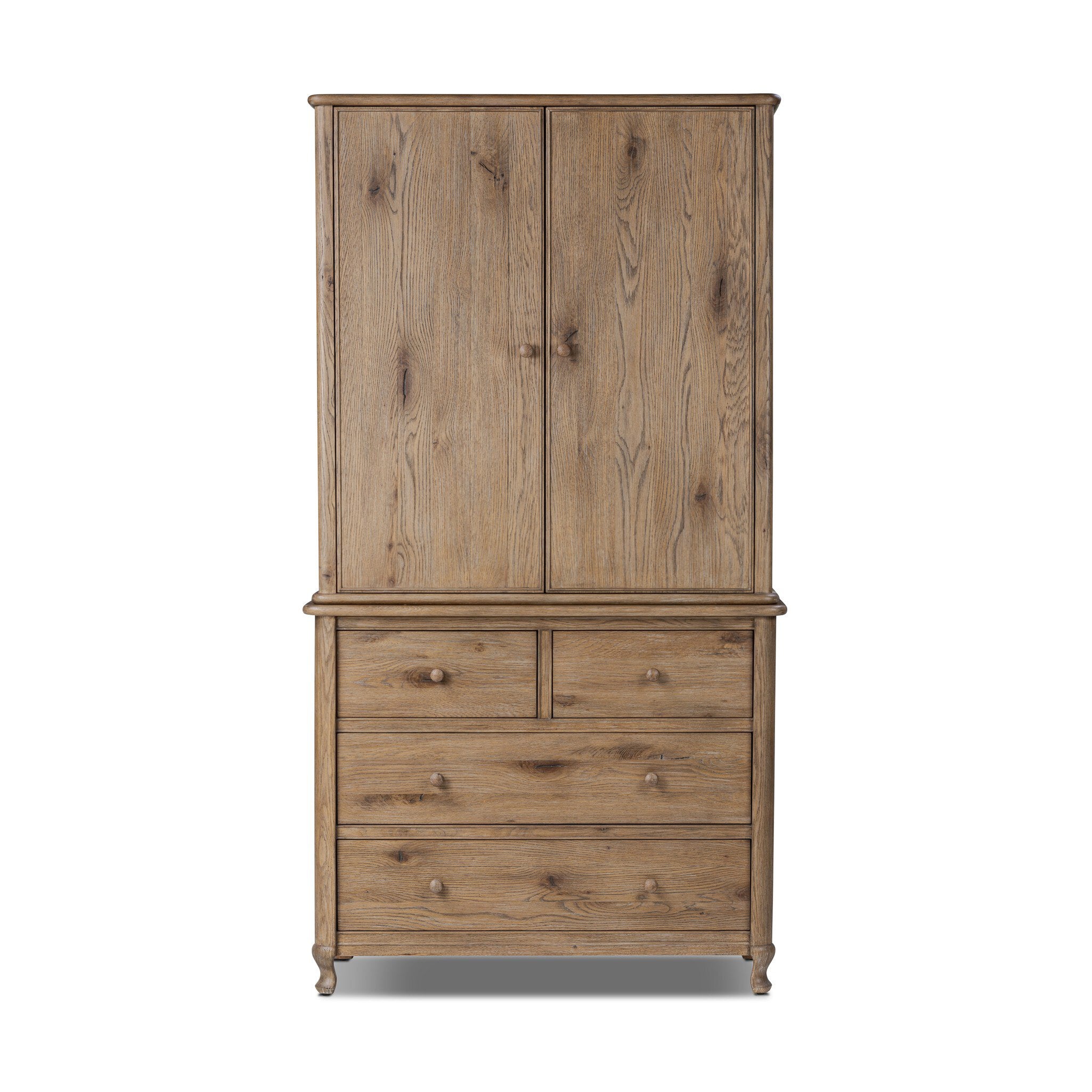 Wooden armoire with two doors and four drawers on a white background. | Wildwood Home Co.