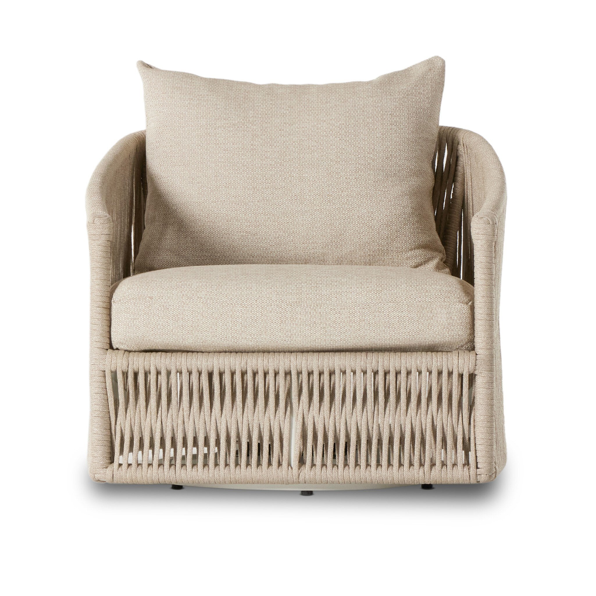 A rope based-designed swivel chair in a sand color with a wide cushion and throw pillow on a white background.  | Wildwood Home Co.