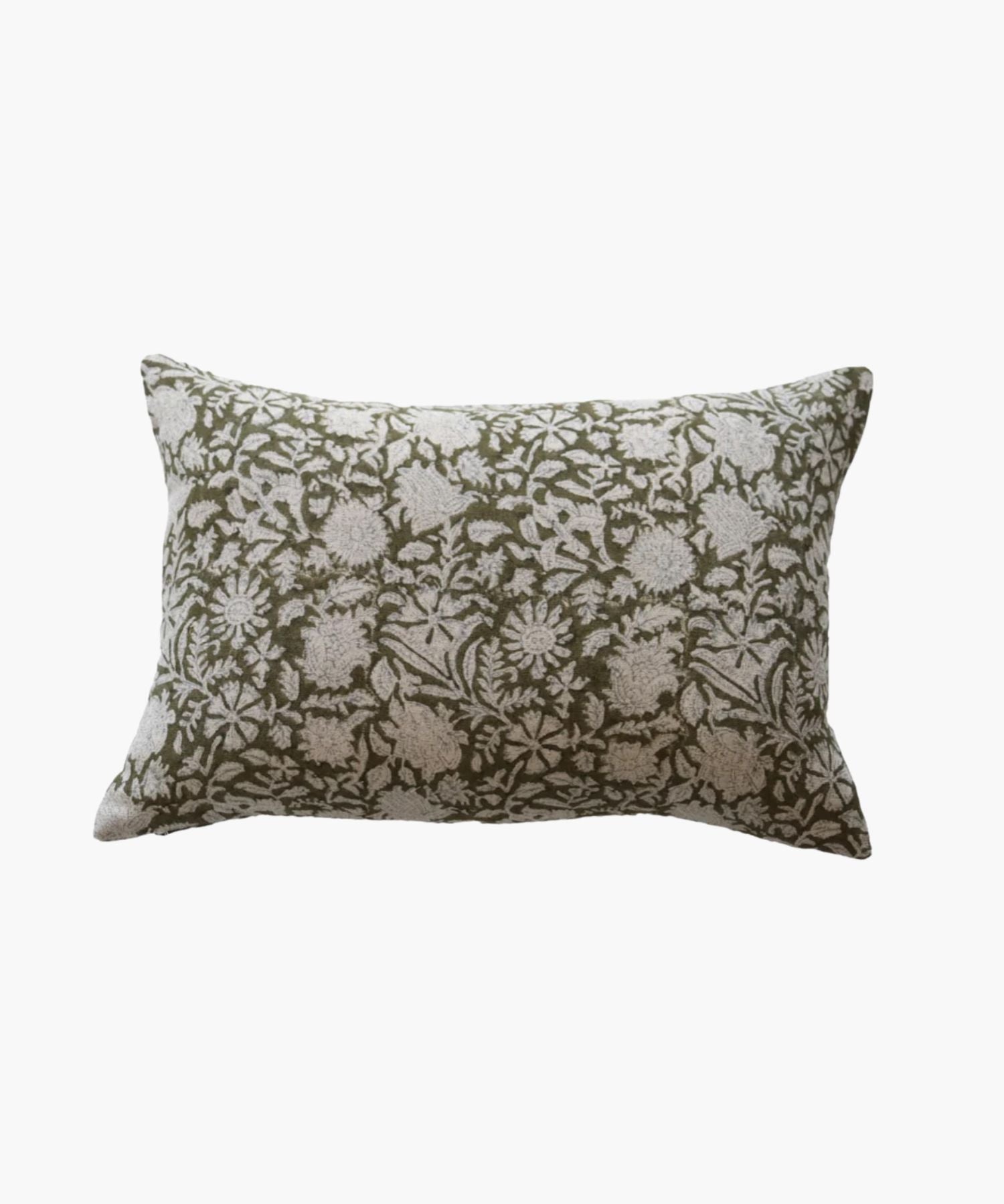 A rectangular or lumbar pillow cover with an intricate floral pattern in white on an olive green background. The design conveys a natural and elegant feel. | Wildwood Home Co.
