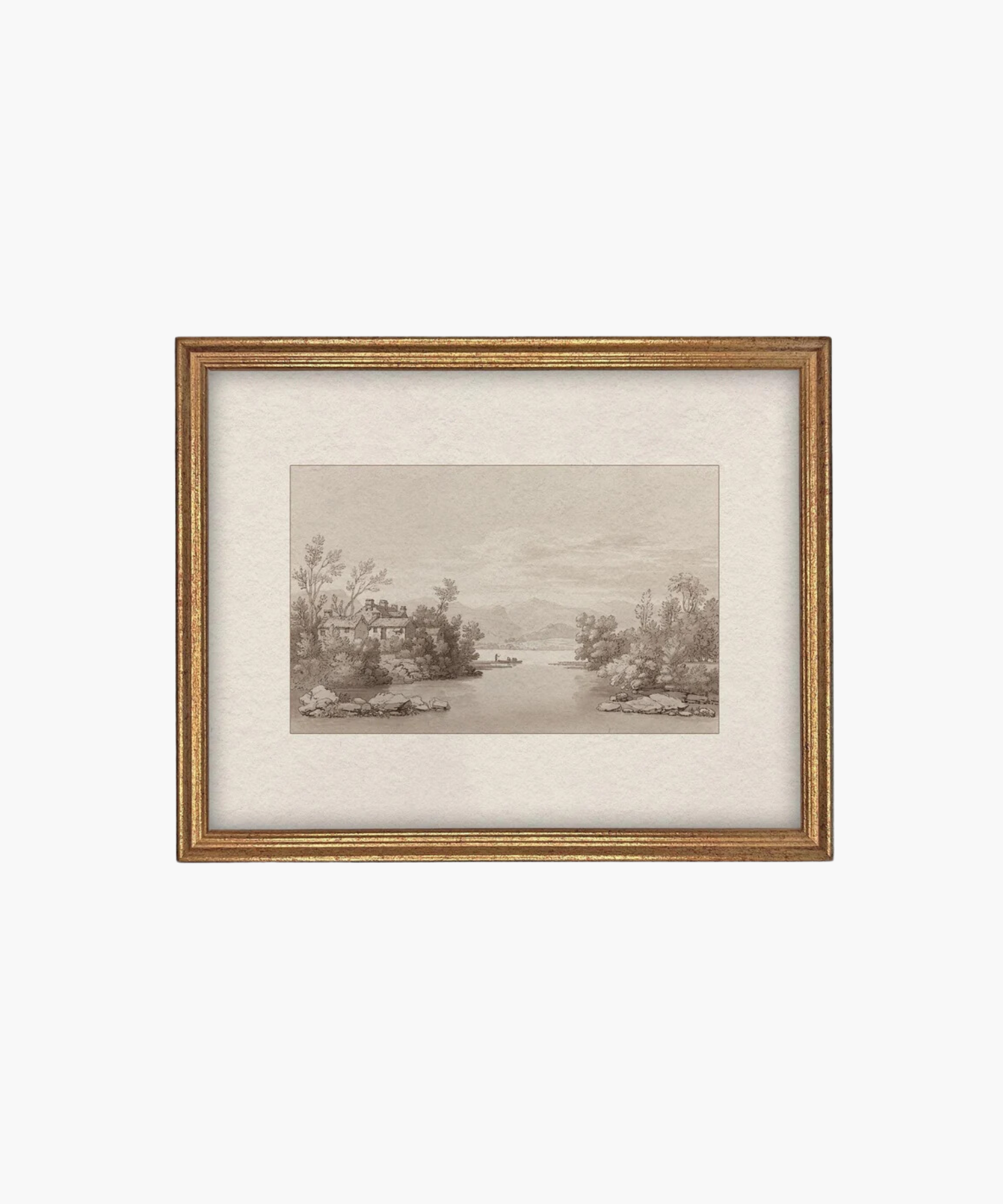 Sepia-toned landscape painting in a gold frame depicting a serene river, lush trees, distant hills, and a small cottage, conveying tranquility. | Wildwood Home Co.