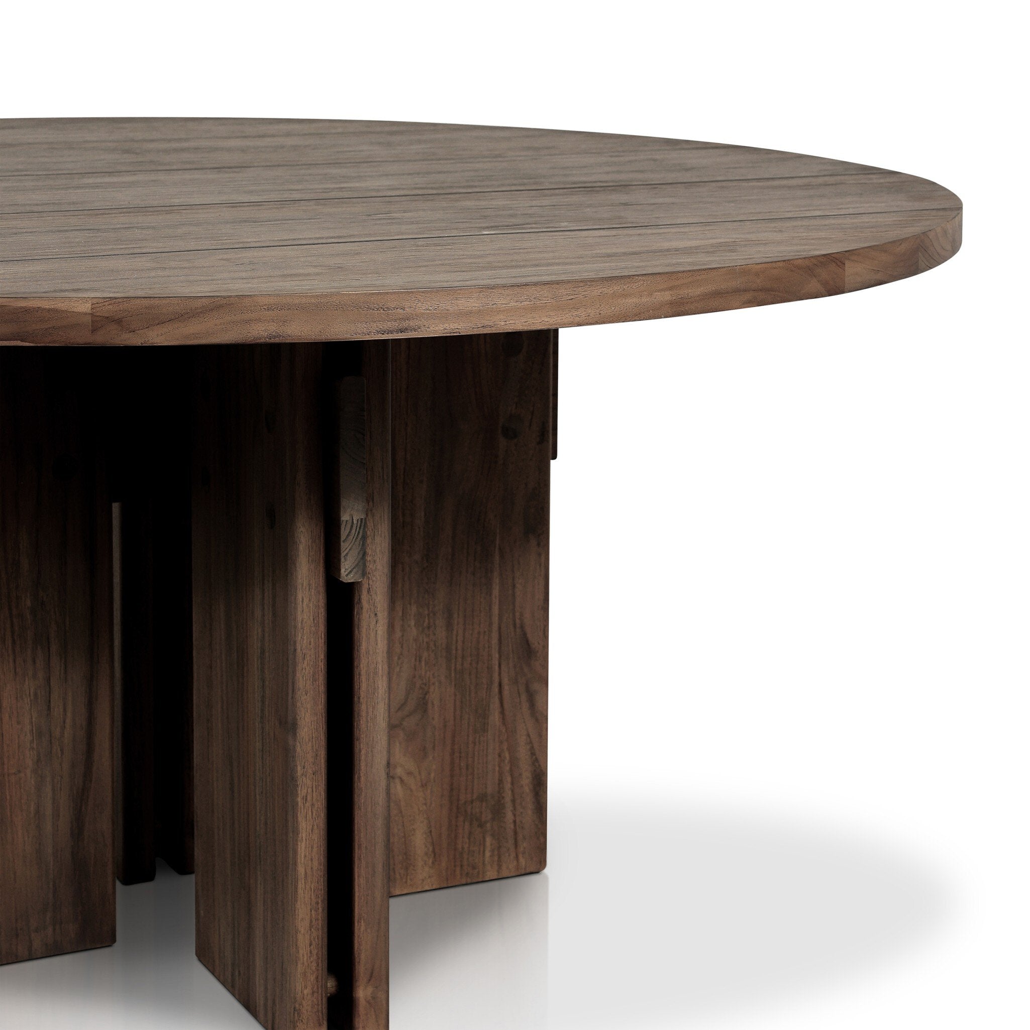 Solid teak round dining table with a dark brown finish on a white background.