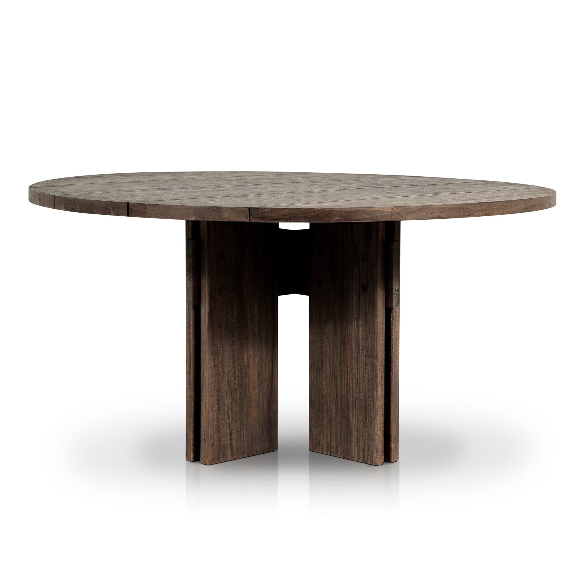 Solid teak round dining table with a dark brown finish on a white background.