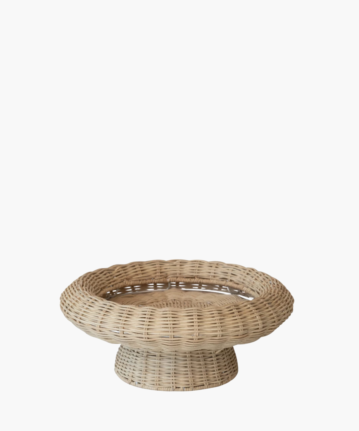 A woven rattan bowl with a broad circular base and flared, rounded top, displayed against a white background. The design is rustic and elegant. | Wildwood Home Co.