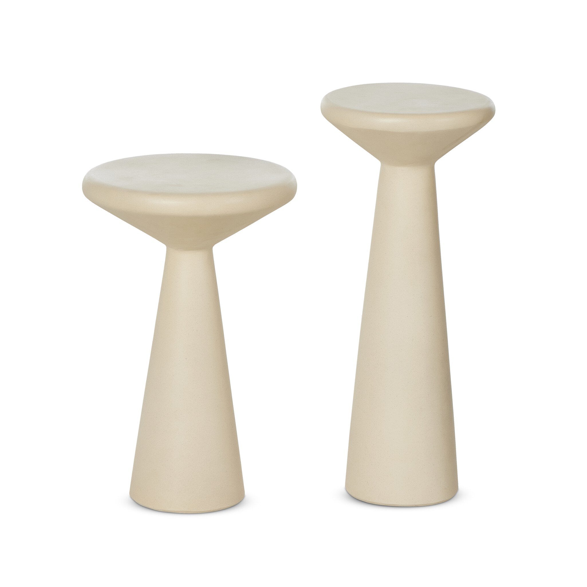 Two beige accent tables with round tops and different heights on a white background. | Wildwood Home Co.