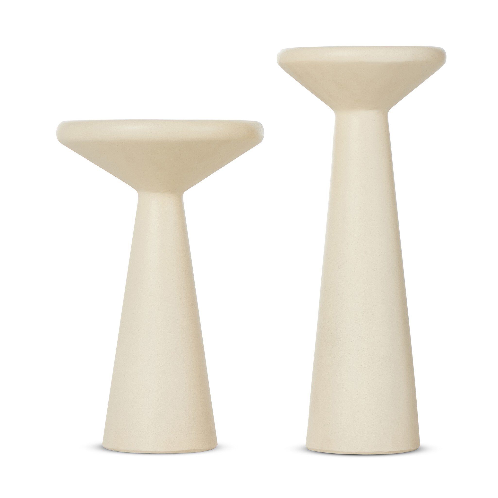 Two beige accent tables with round tops and different heights on a white background.