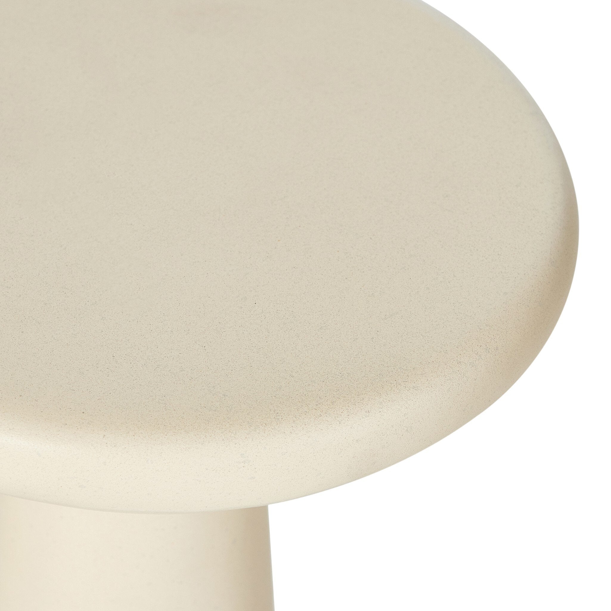 Close-up of a beige accent table with a white background.