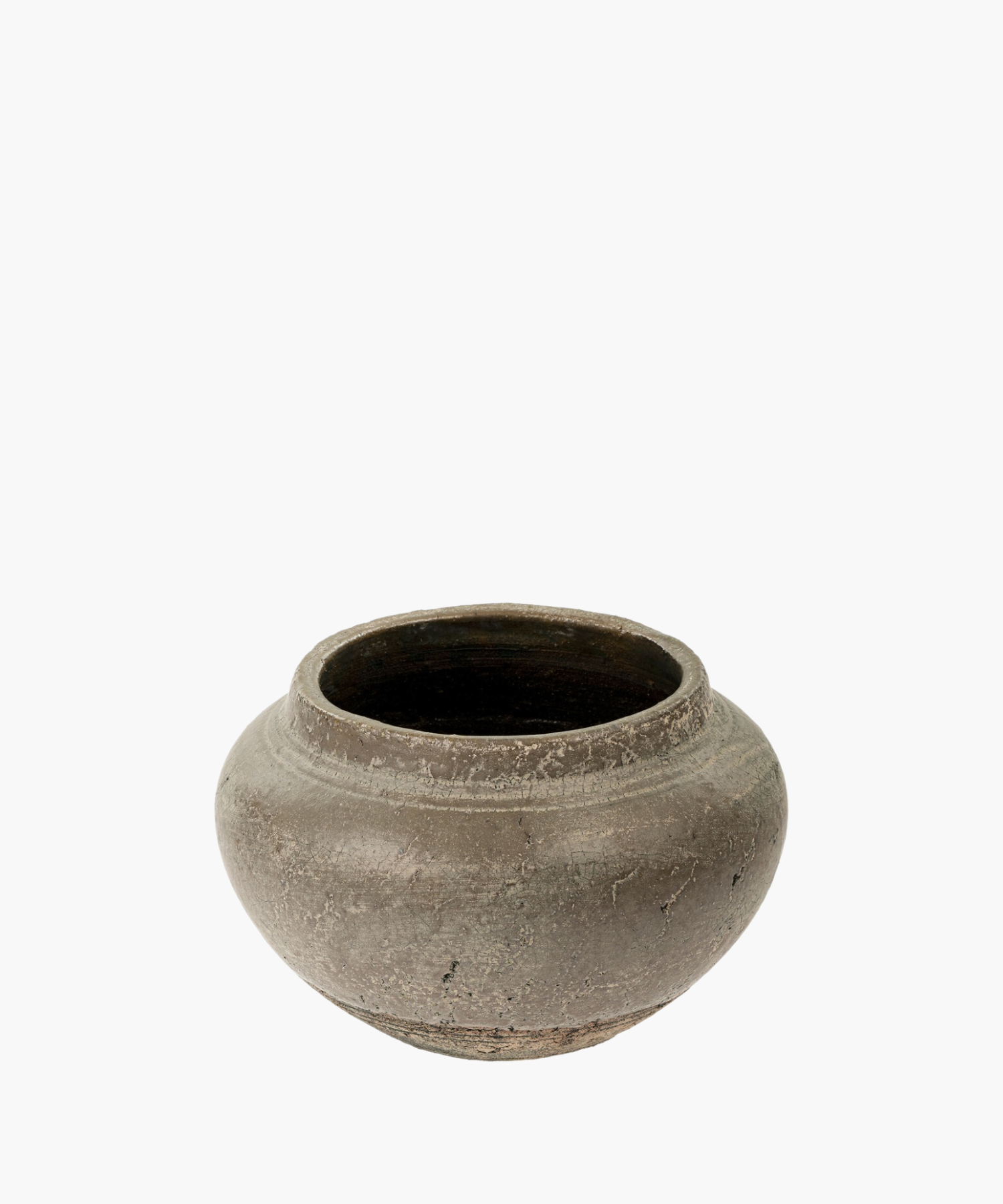A round, weathered clay vase with a wide opening and decorative horizontal ridges. The vase conveys an earthy, rustic, and historical feel. | Wildwood Home Co.