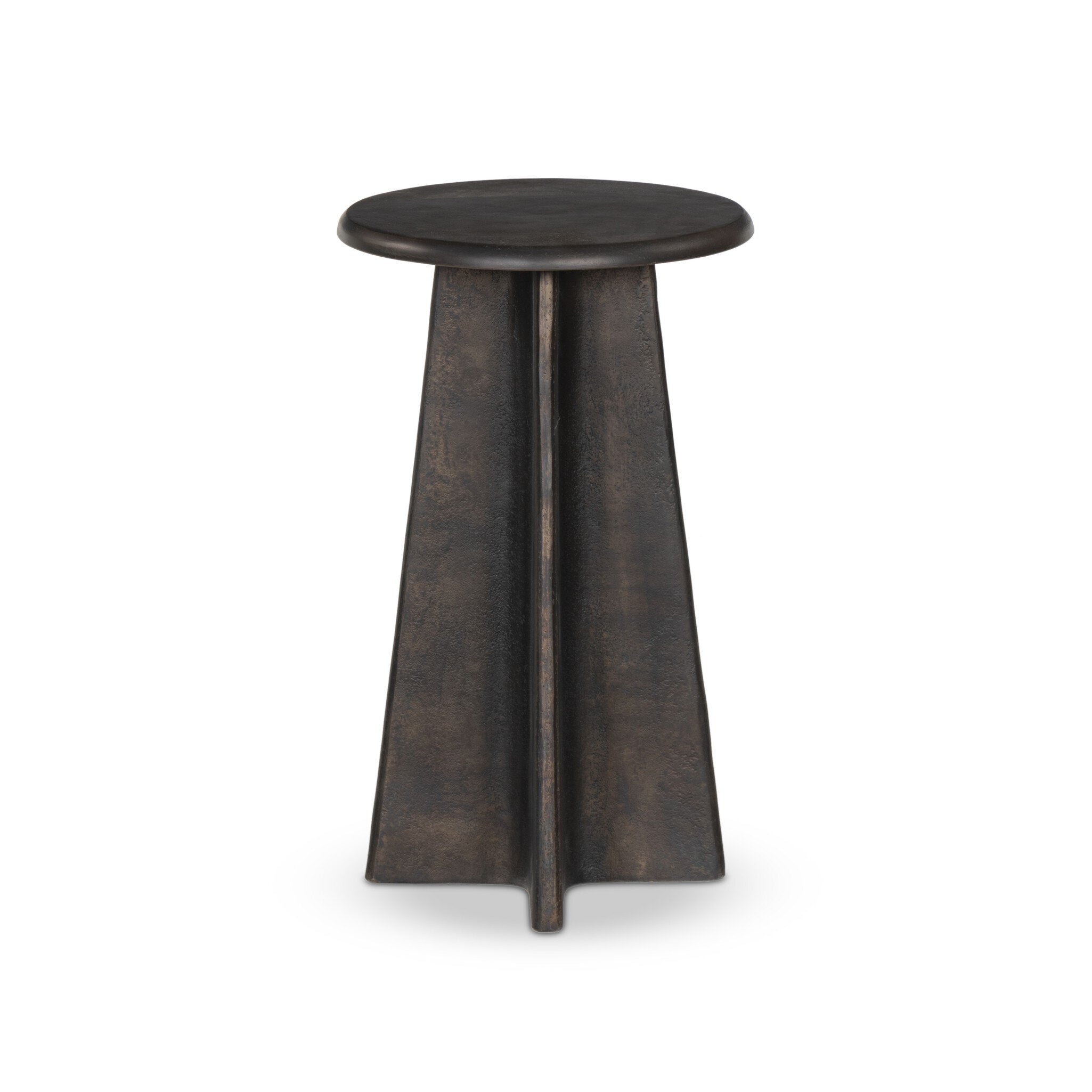 Distressed bronze side table with a round top and X-shaped base on a white background. | Wildwood Home Co.