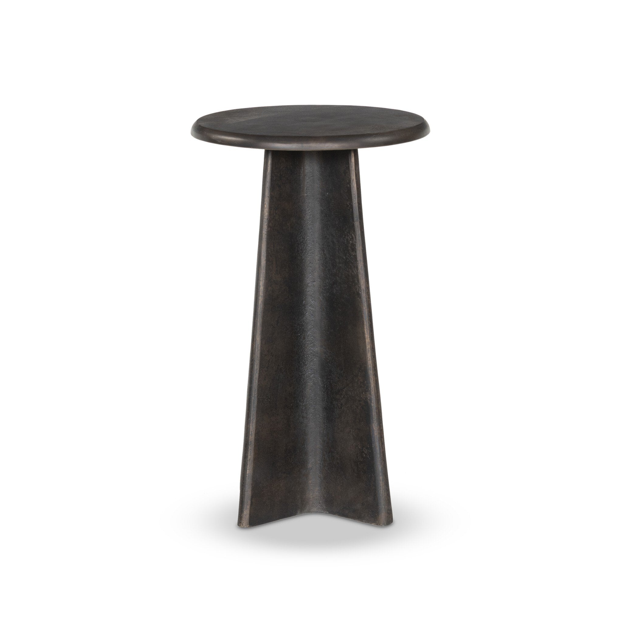 Distressed bronze side table with a round top and X-shaped base on a white background.