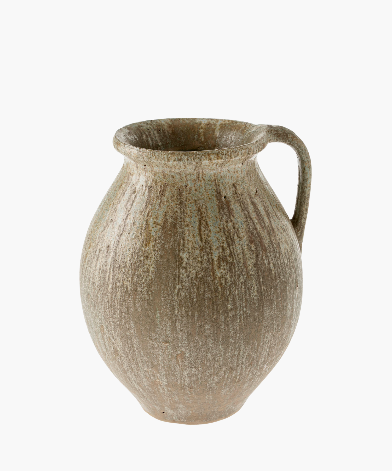 A rustic, earth-toned ceramic jug with a rounded body and a single handle on the side. The surface has a textured, weathered appearance. | Wildwood Home Co.