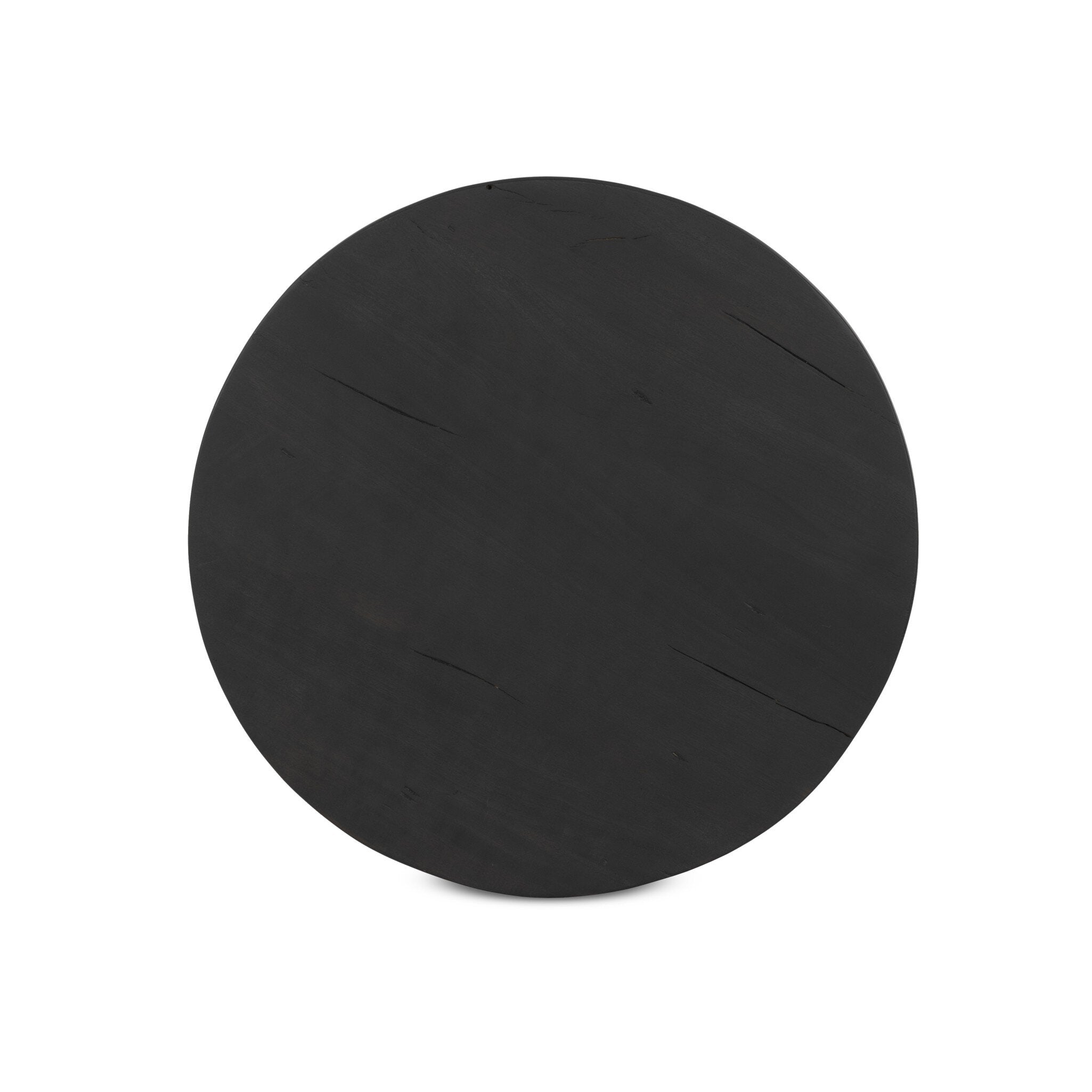 Overhead view of a black round end table  on a white background.