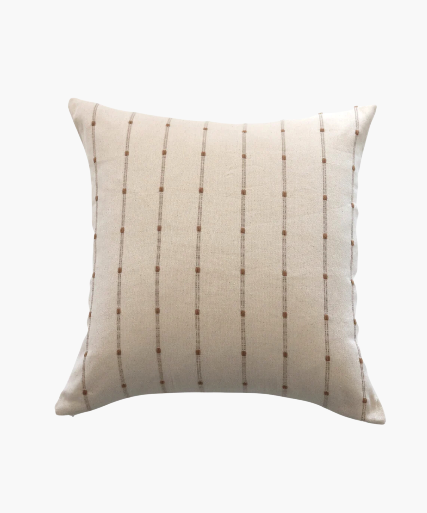 A beige square pillow with a minimalist pattern of thin, vertical brown lines and small dots, creating a calm and modern appearance. | Wildwood Home Co.
