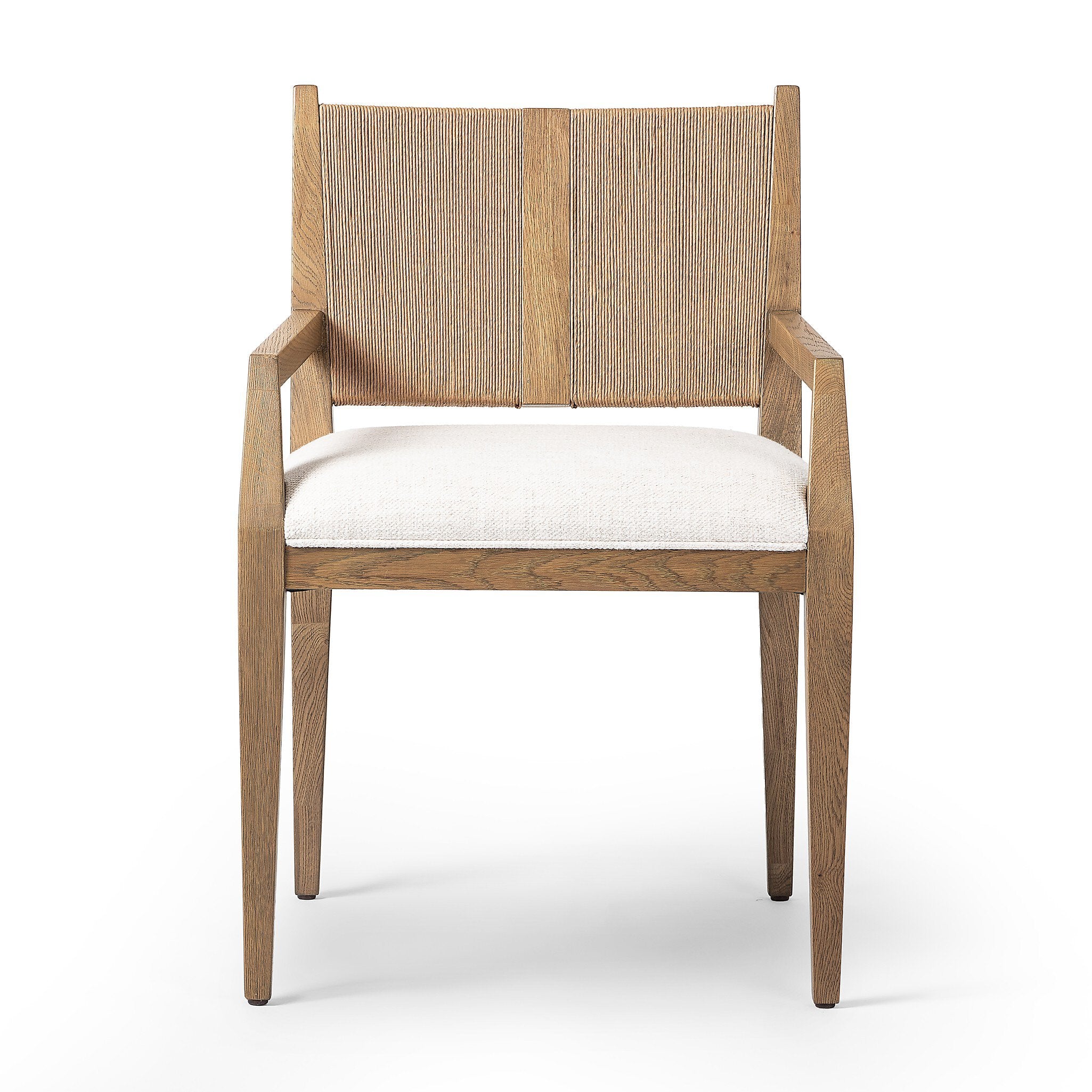 Wooden dining arm chair with woven backrest and white cushion on a white background. | Wildwood Home Co.