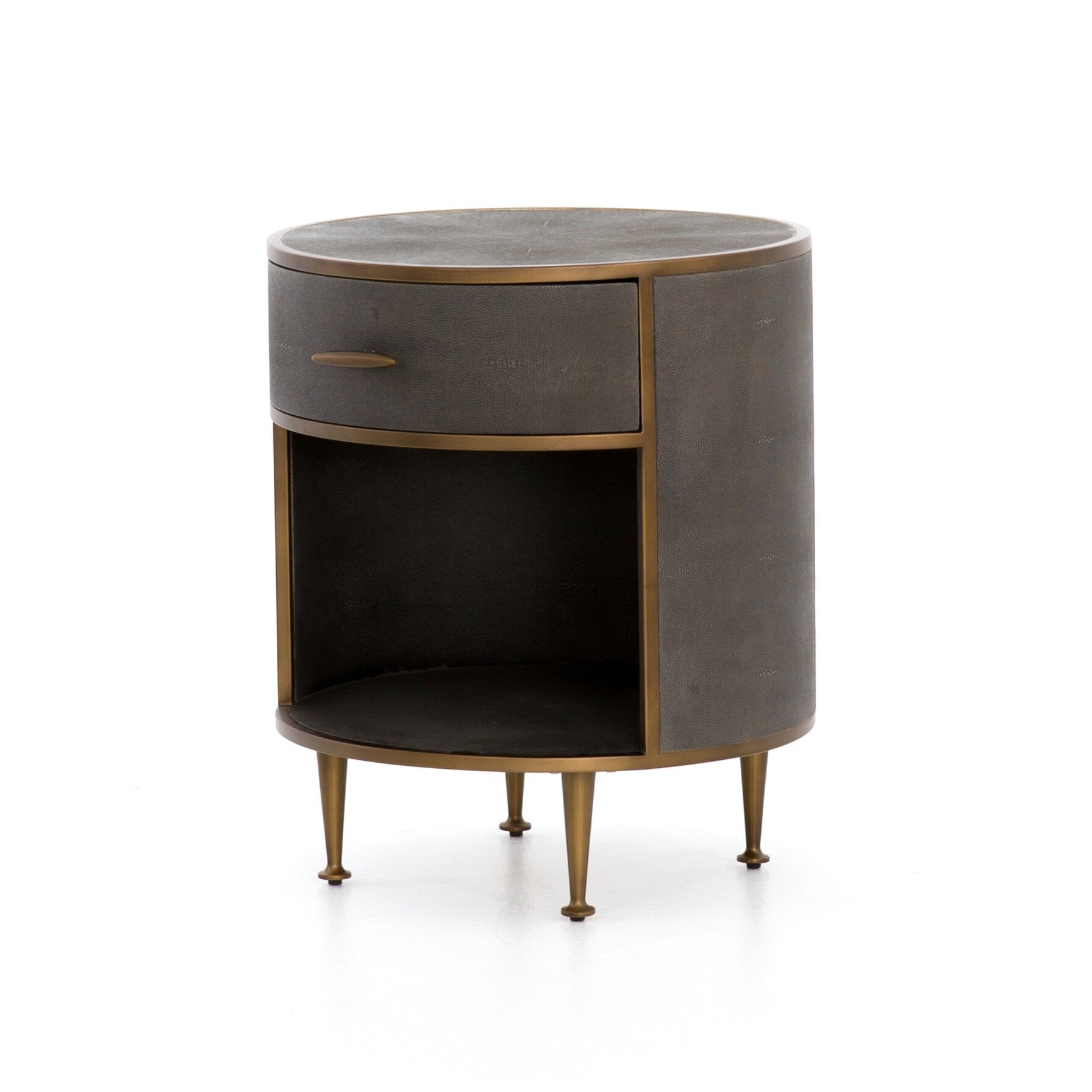 Round side table with a drawer and brass legs on a white background. | Wildwood Home Co.