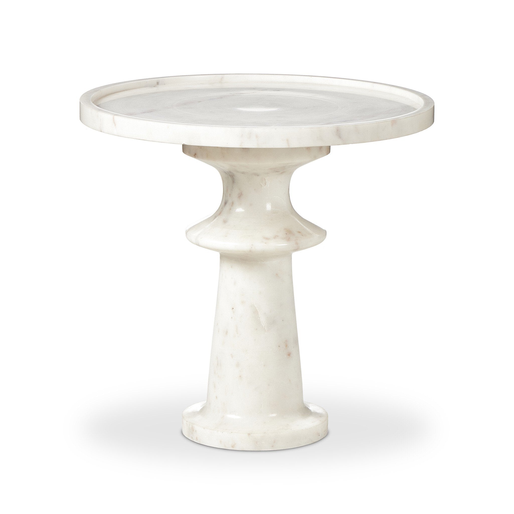 White marble end table with sculpted base and tray like top on a white background. | Wildwood Home Co.