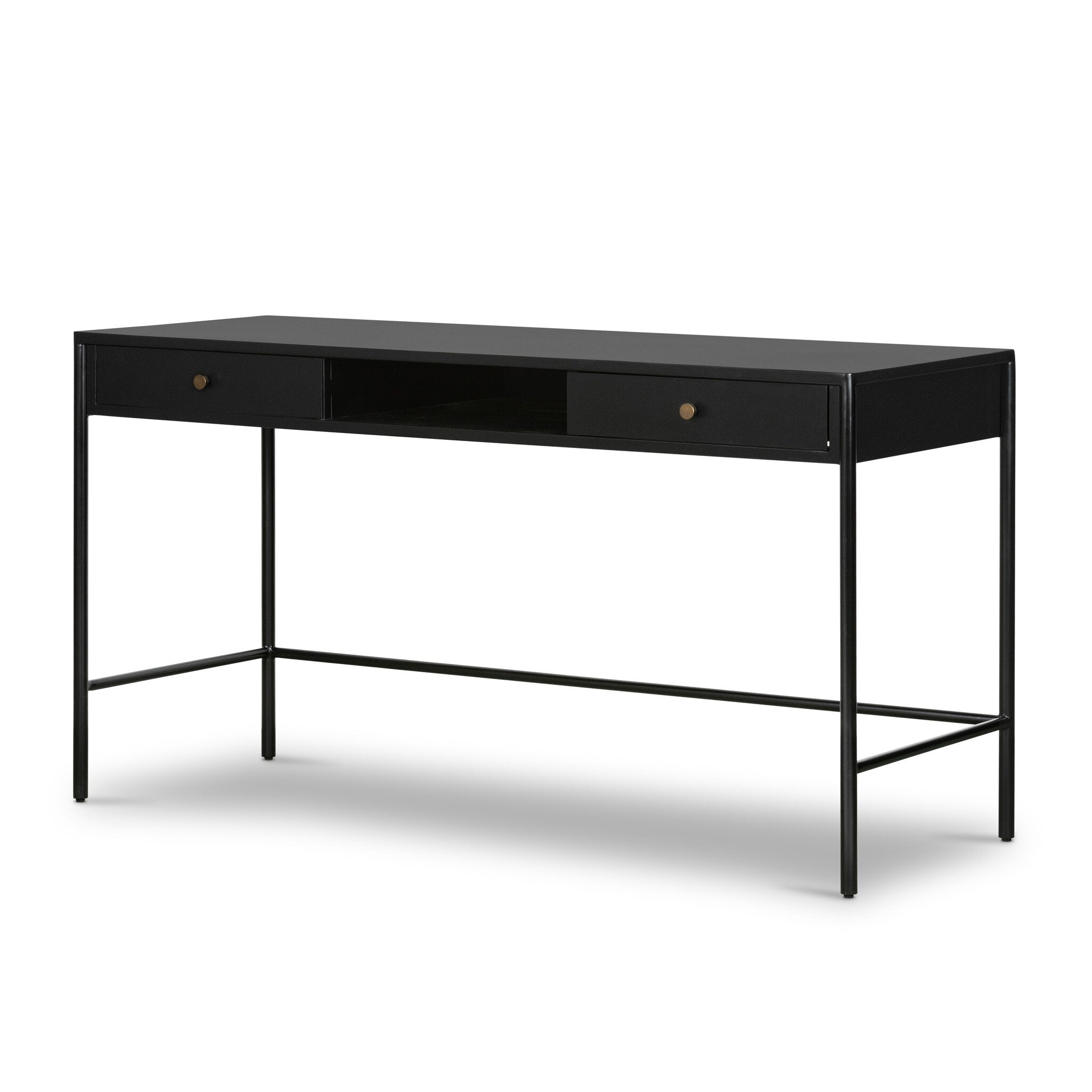 Black desk with two drawers on a white background.