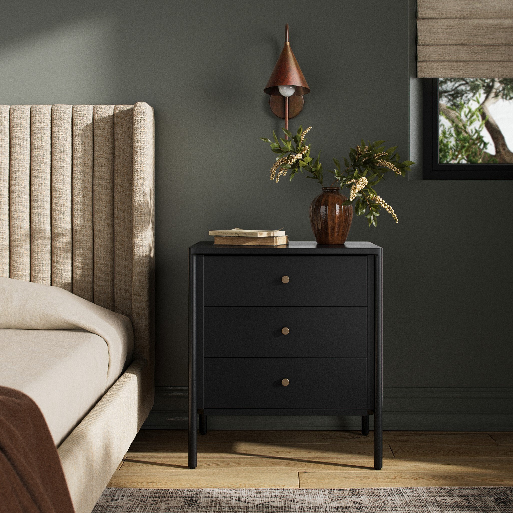 Black dresser with three drawers on a white background. | Wildwood Home Co.