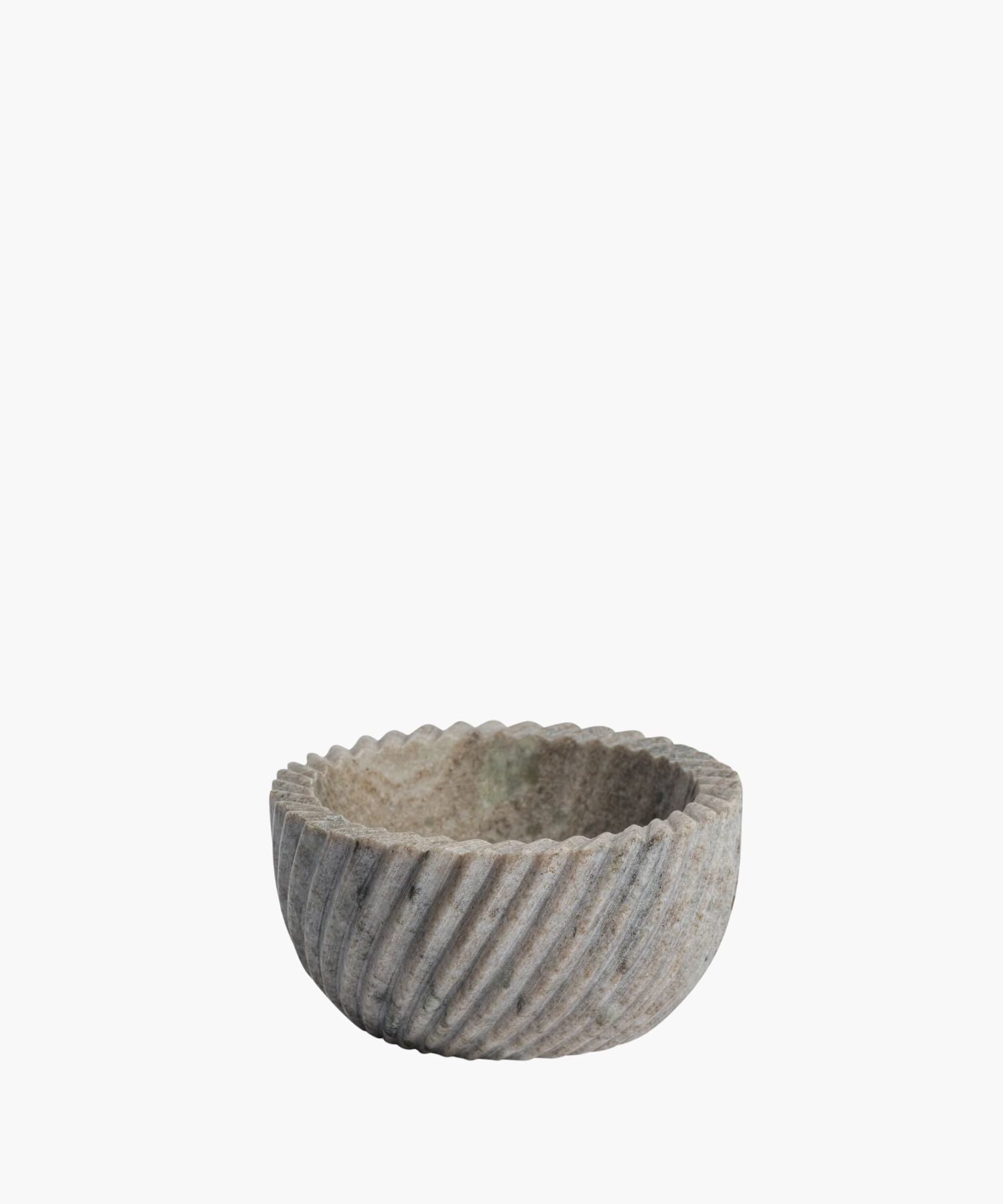 A round marble bowl with a textured, spiral pattern on its exterior. The bowl's gray surface has subtle variations, conveying a rustic, handcrafted feel. | Wildwood Home Co.