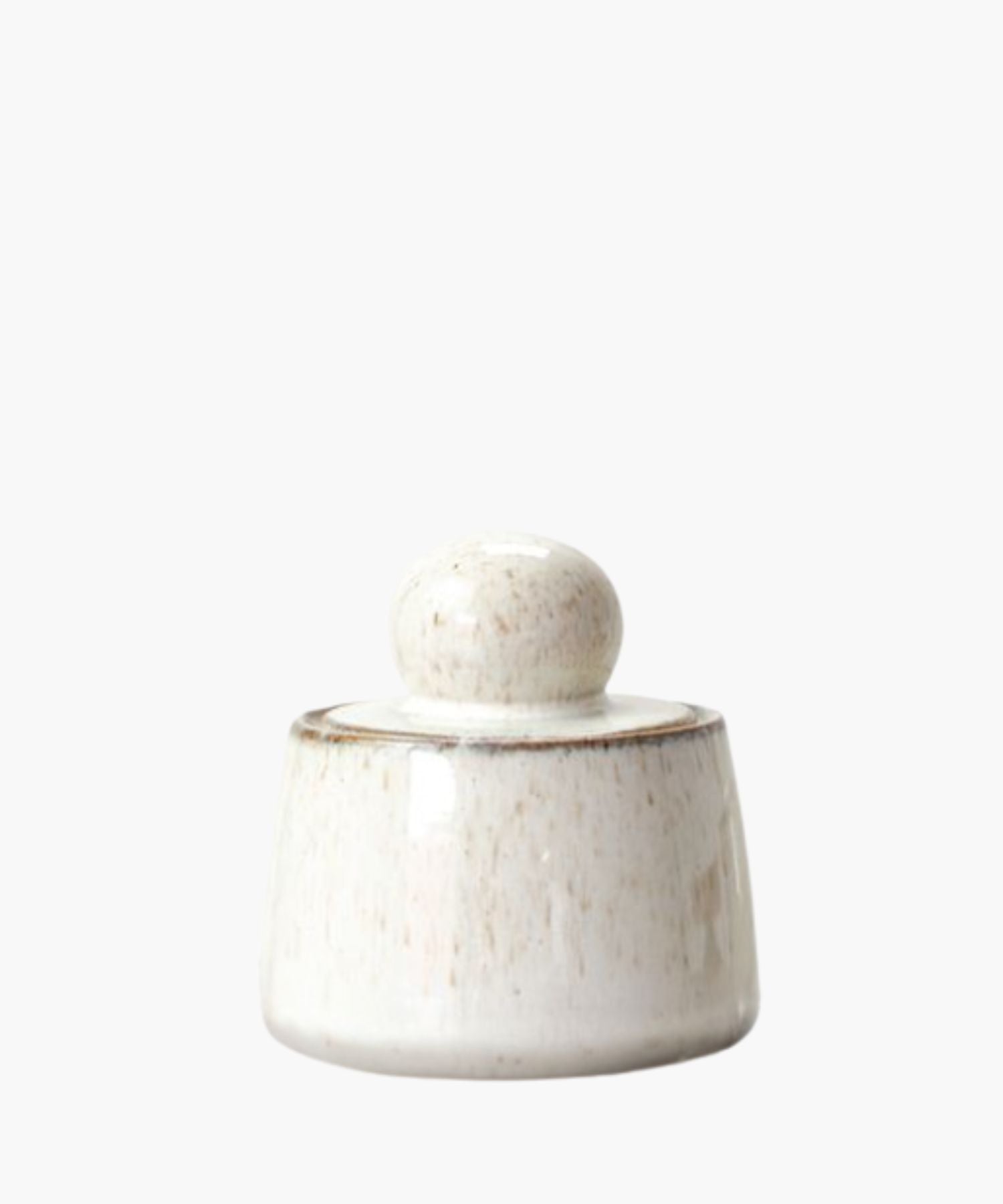 White ceramic jar with a lid on a white background
