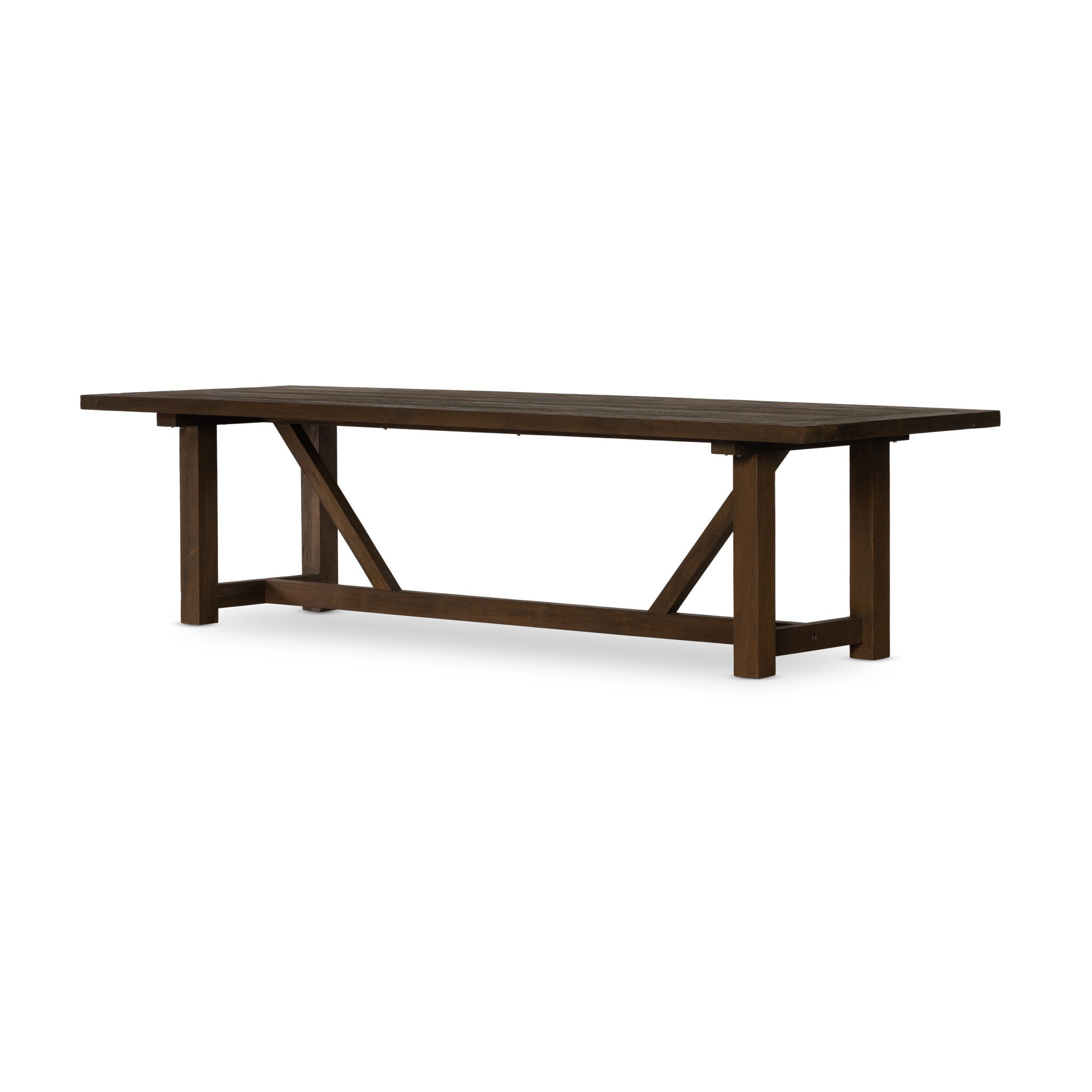 Trestle-style dining table made from reclaimed teak on a white background.