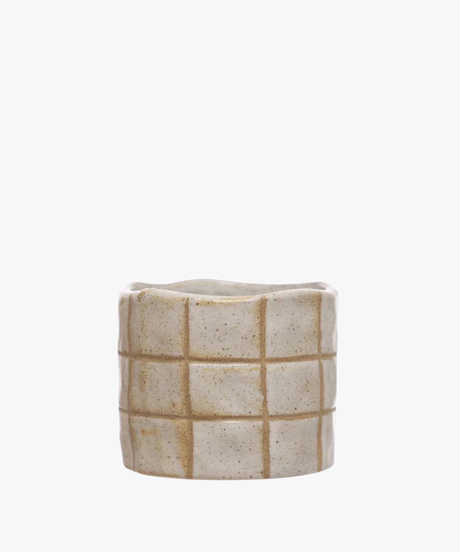 A round beige stoneware planter with a grid pattern. | Wildwood Home Co.