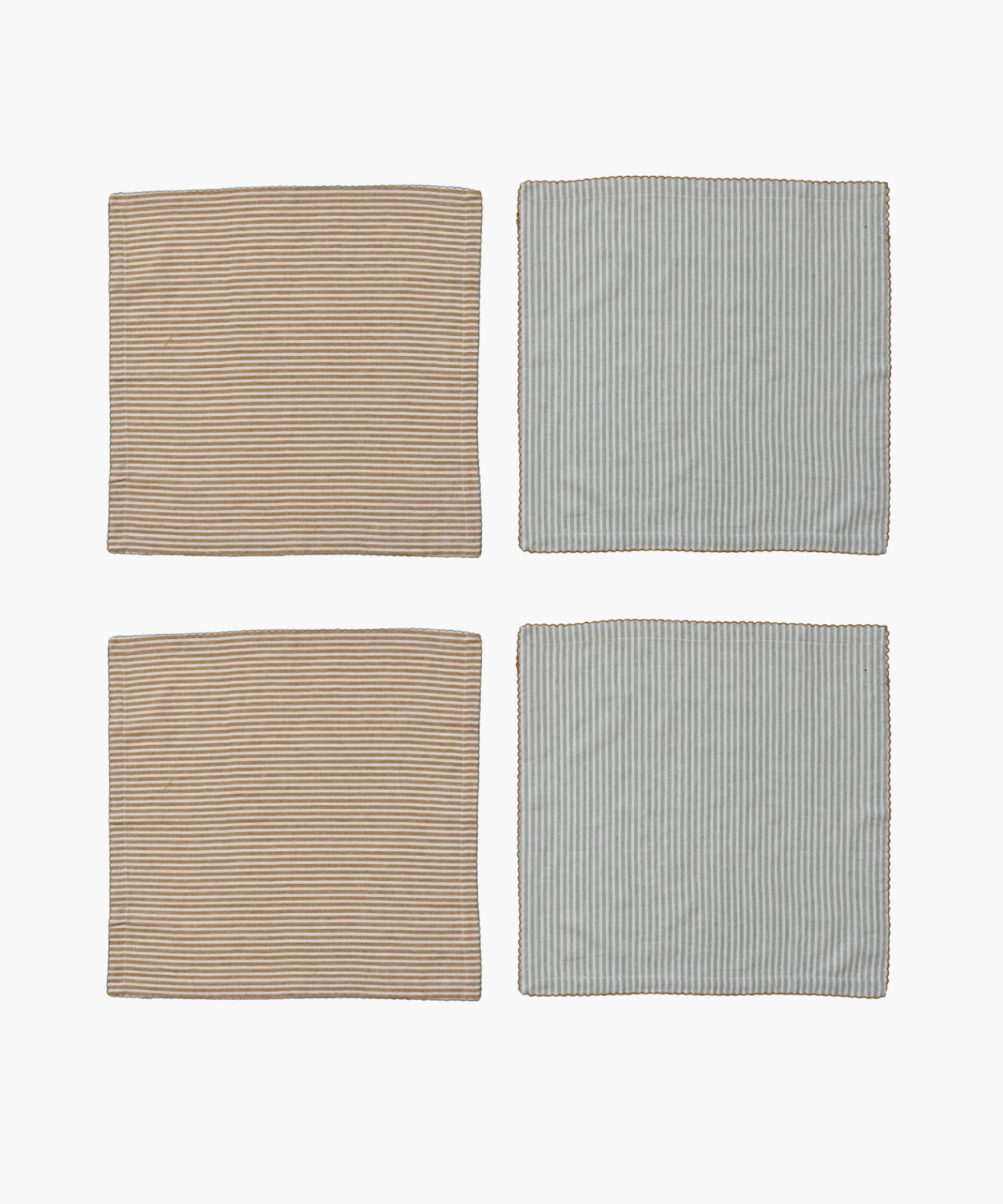 Four unfolded napkins with vertical stripes, two in beige and white, the other two in light blue and white. The edges have scalloped stitching.