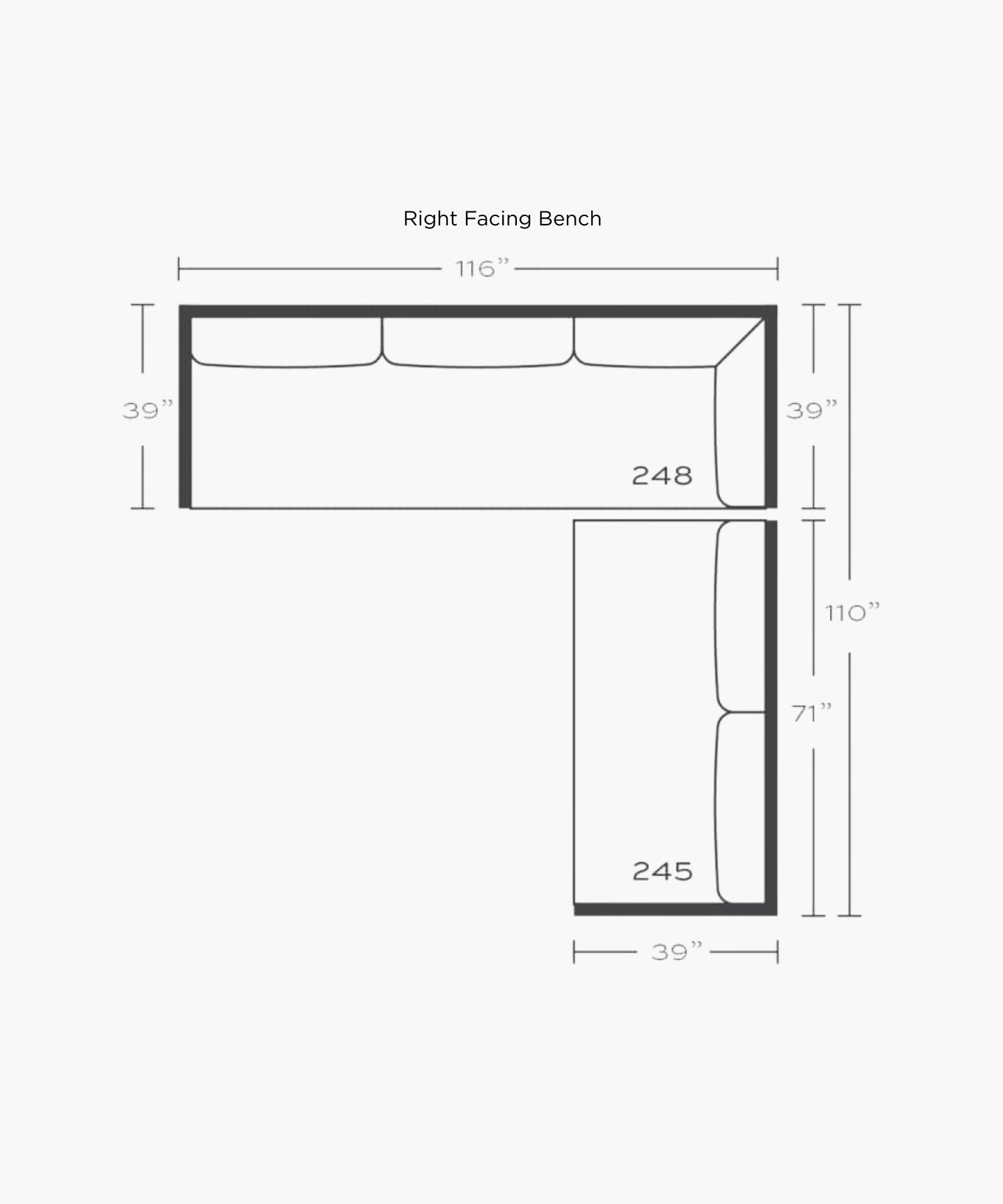 Diagram of a right-facing sectional with dimensions labeled.