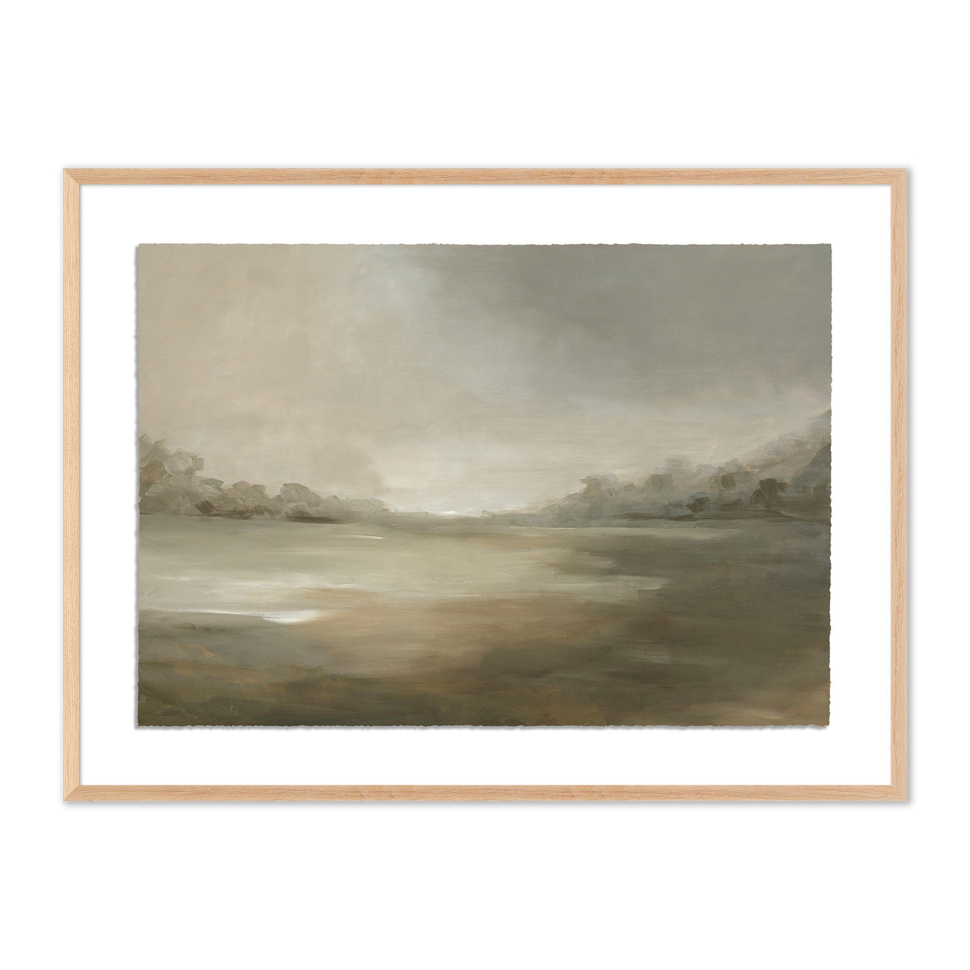Framed artwork of a landscape with a neutral color palette.